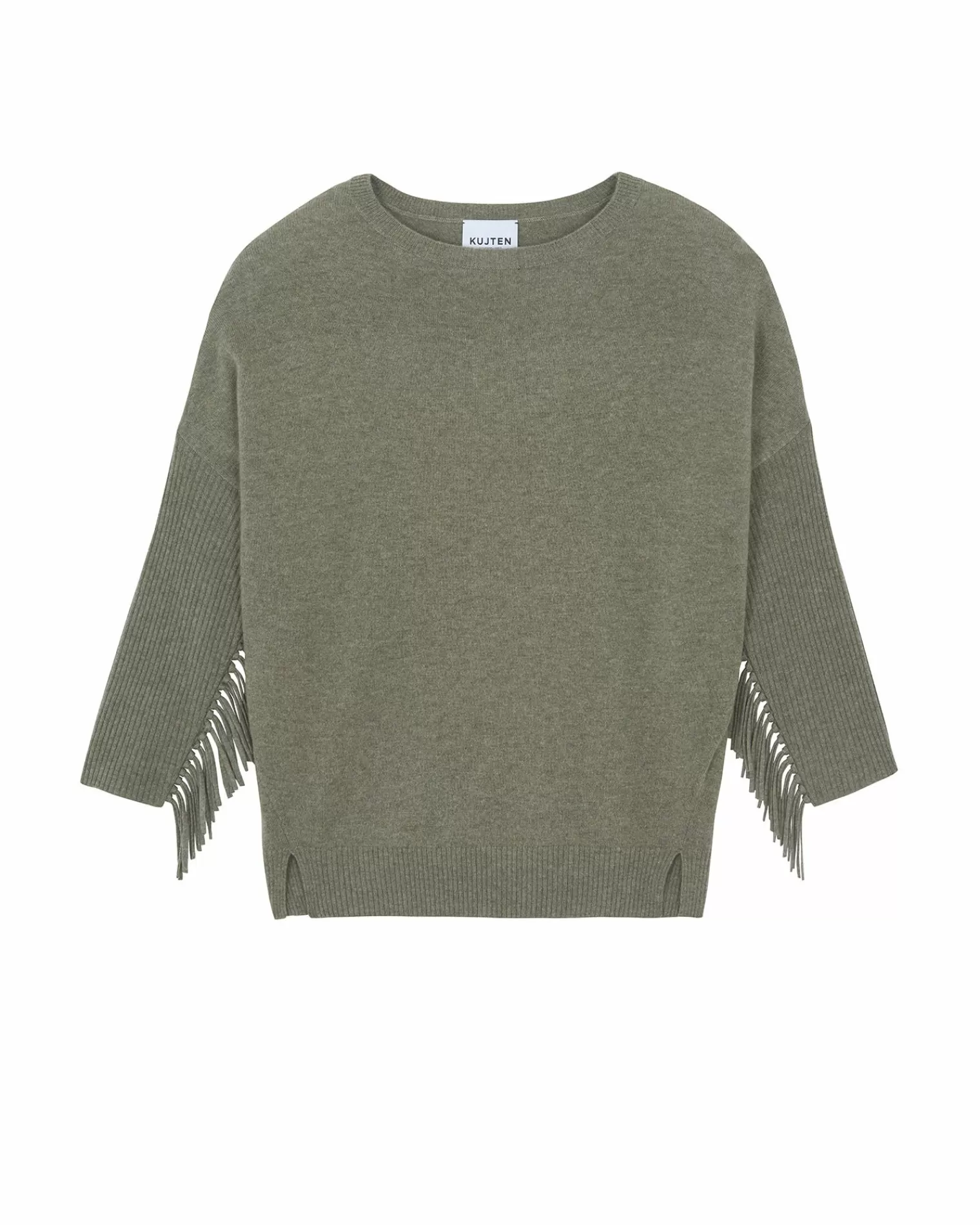 Kujten Sweaters & Sweatshirts>Round Neck Fringed Cashmere Sweater, 2-Threads Kaki Chine