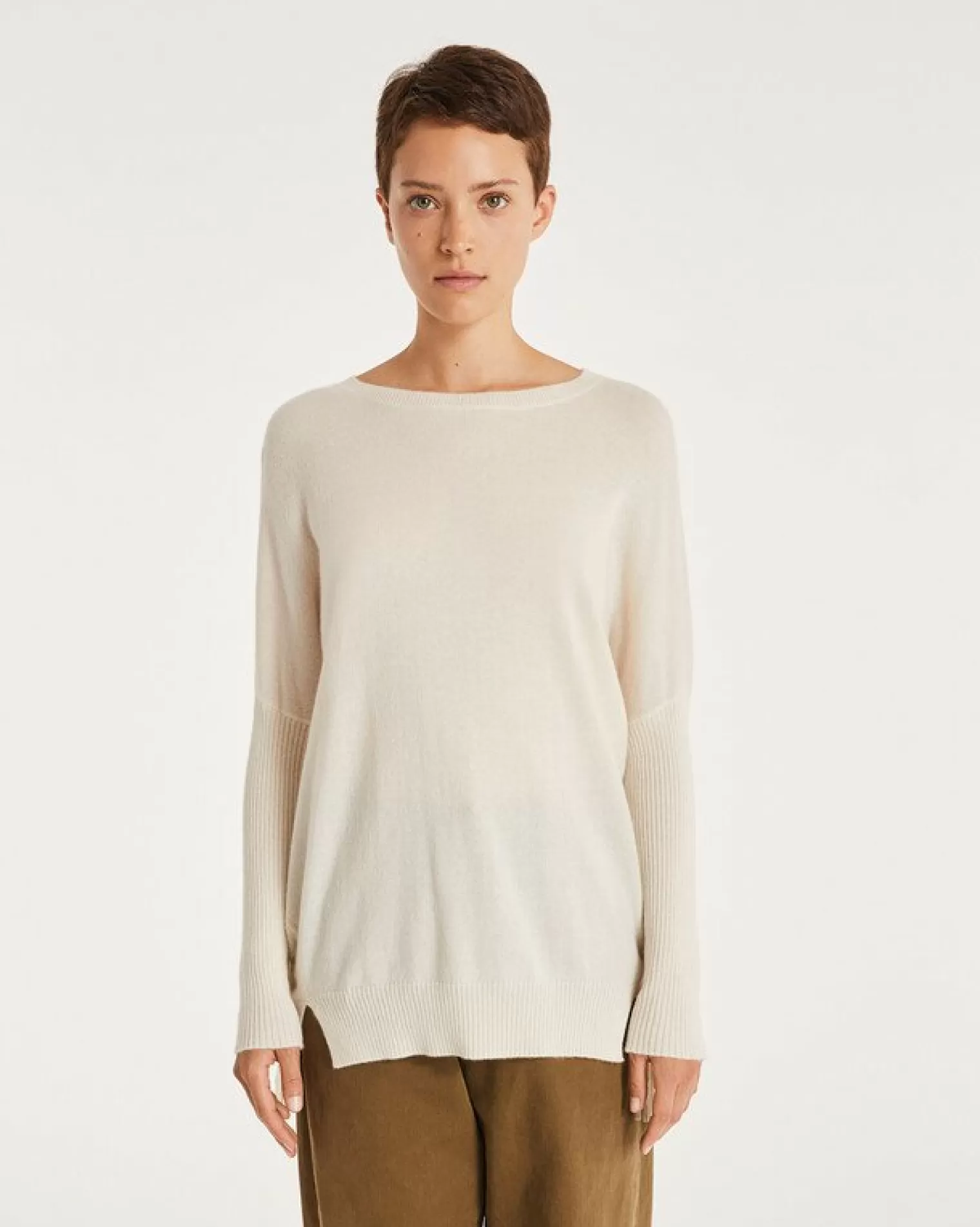 Kujten Sweaters & Sweatshirts>Round Neck Fringed Cashmere Sweater, 2-Threads Blanc