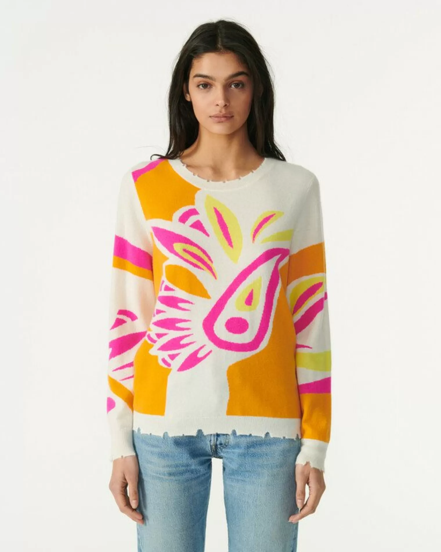 Kujten Sweaters & Sweatshirts>Round Neck Intarsia Cashmere Sweater Marigold