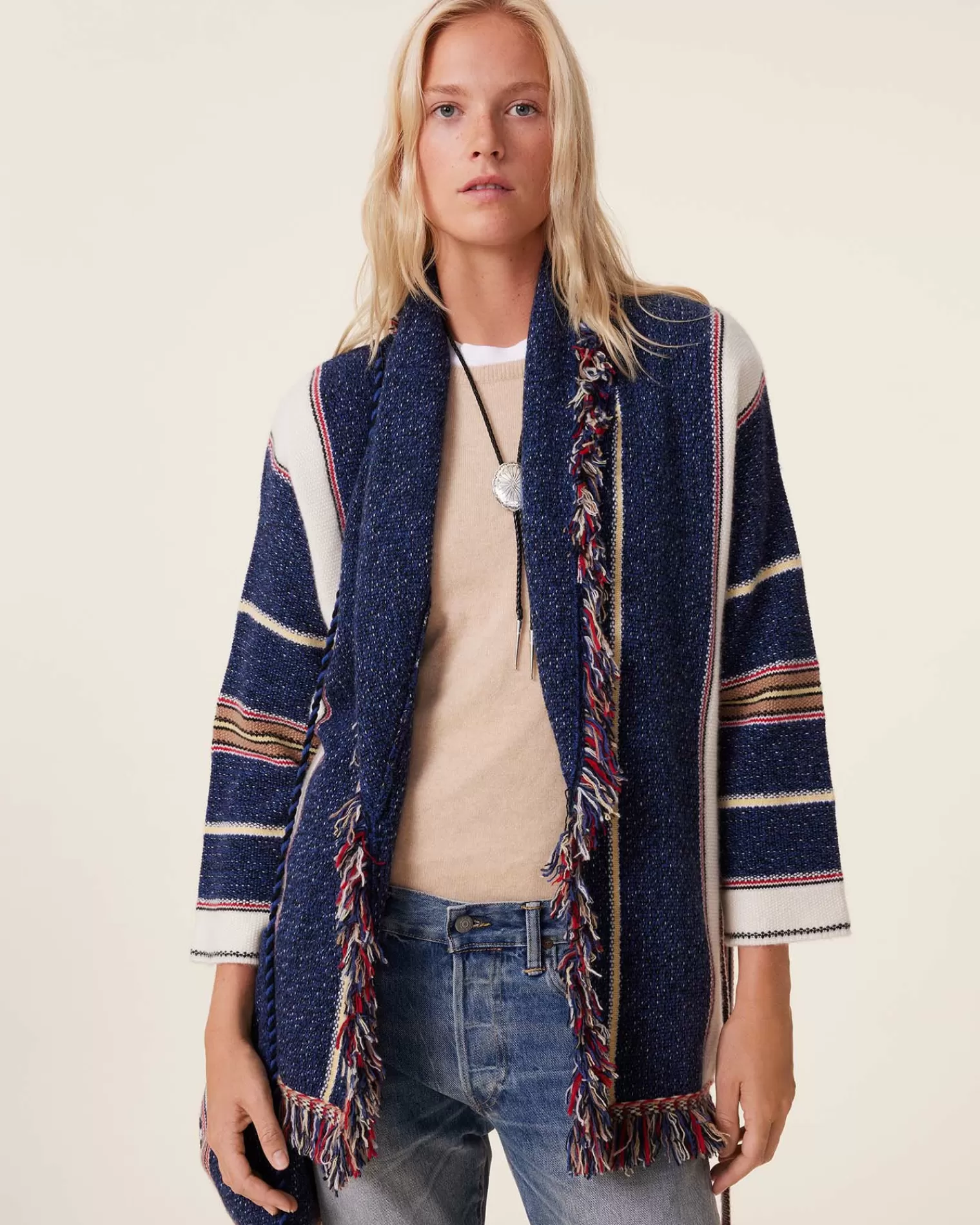 Kujten Jackets & Vests>Shawl Collar Fringed Cashmere Jacket, 6-Threads Bleu Indigo