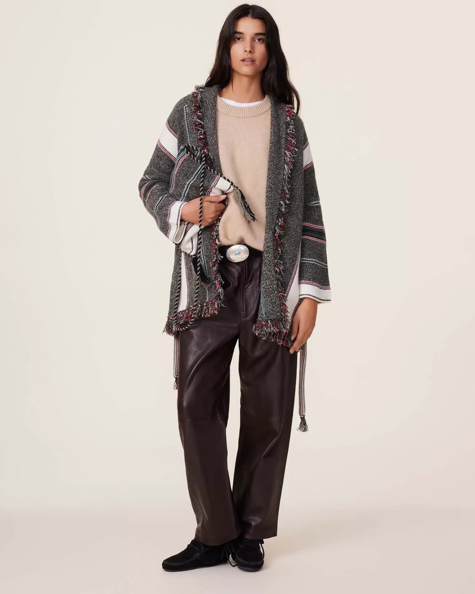 Kujten Jackets & Vests>Shawl Collar Fringed Cashmere Jacket, 6-Threads Kaki Chine