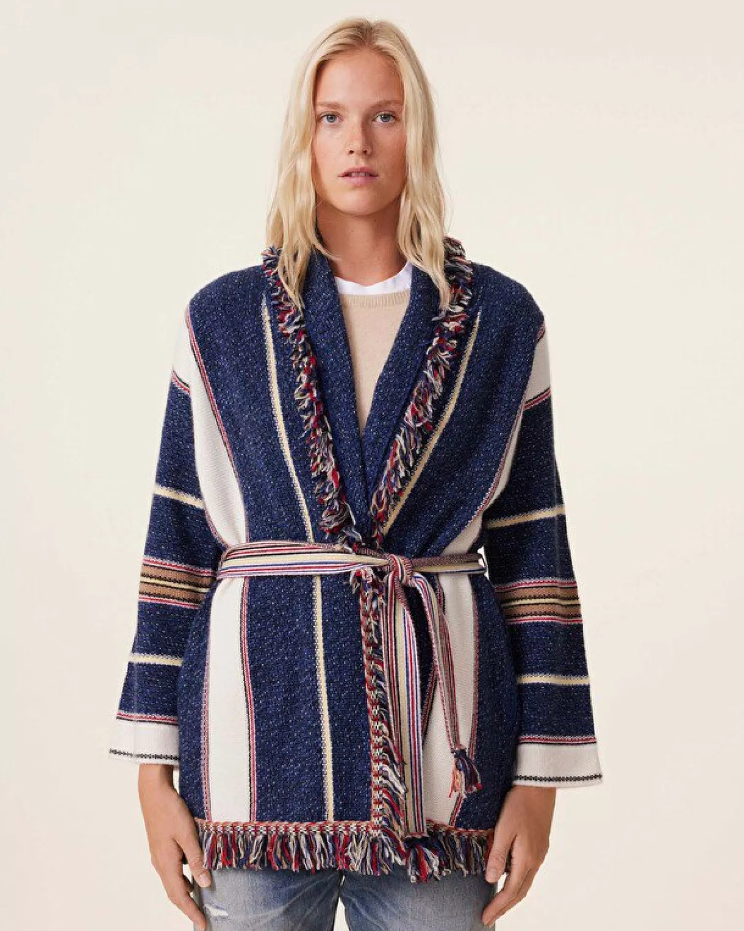 Kujten Jackets & Vests>Shawl Collar Fringed Cashmere Jacket, 6-Threads Bleu Indigo