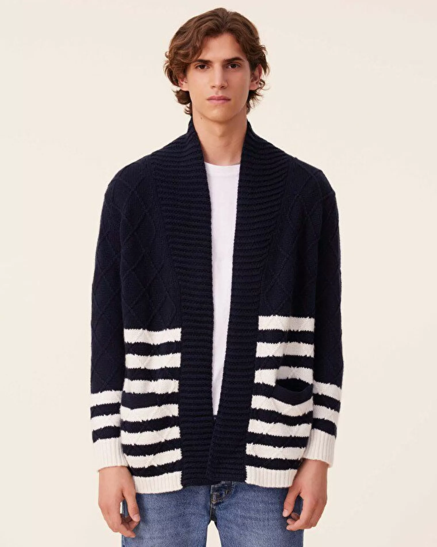 Kujten Jackets & Vests>Shawl Neck Cashmere Cardigan, 10-Threads Bleu Marine Fonce