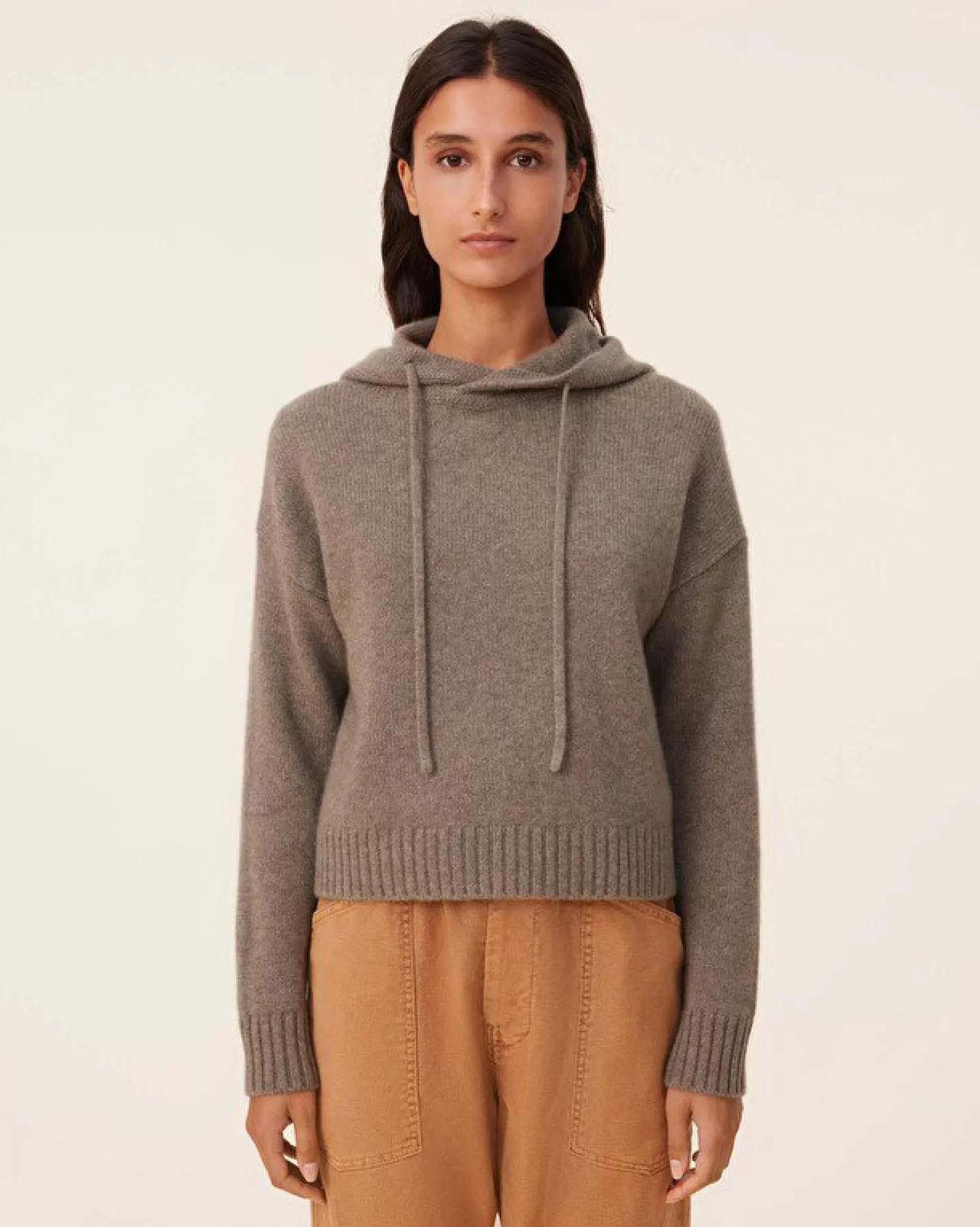 Kujten Hoodies>Short Hooded Cashmere Sweater, 6-Threads Kaki Chine