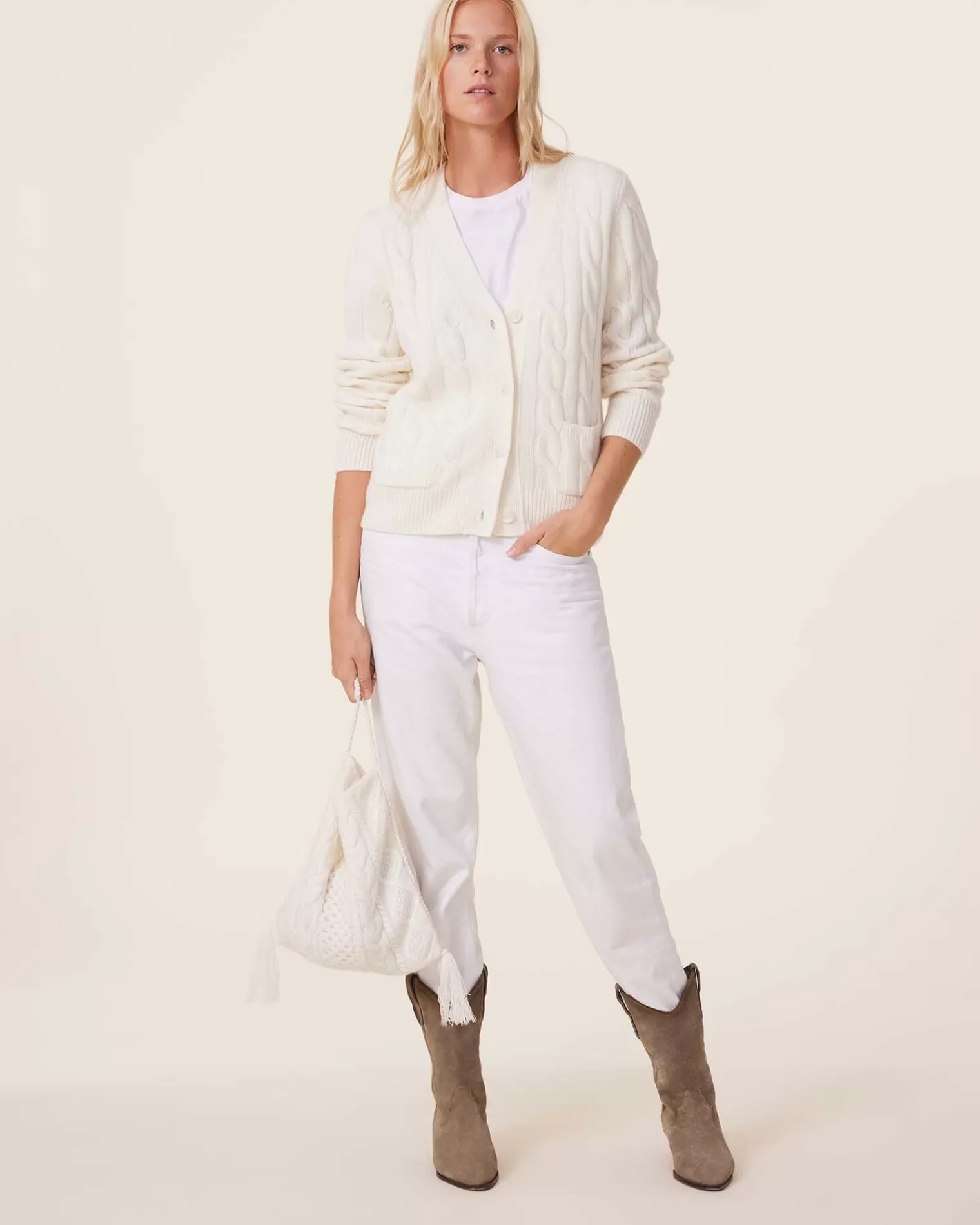 Kujten Jackets & Vests>Short Twisted Cashmere Cardigan, 8-Threads Blanc