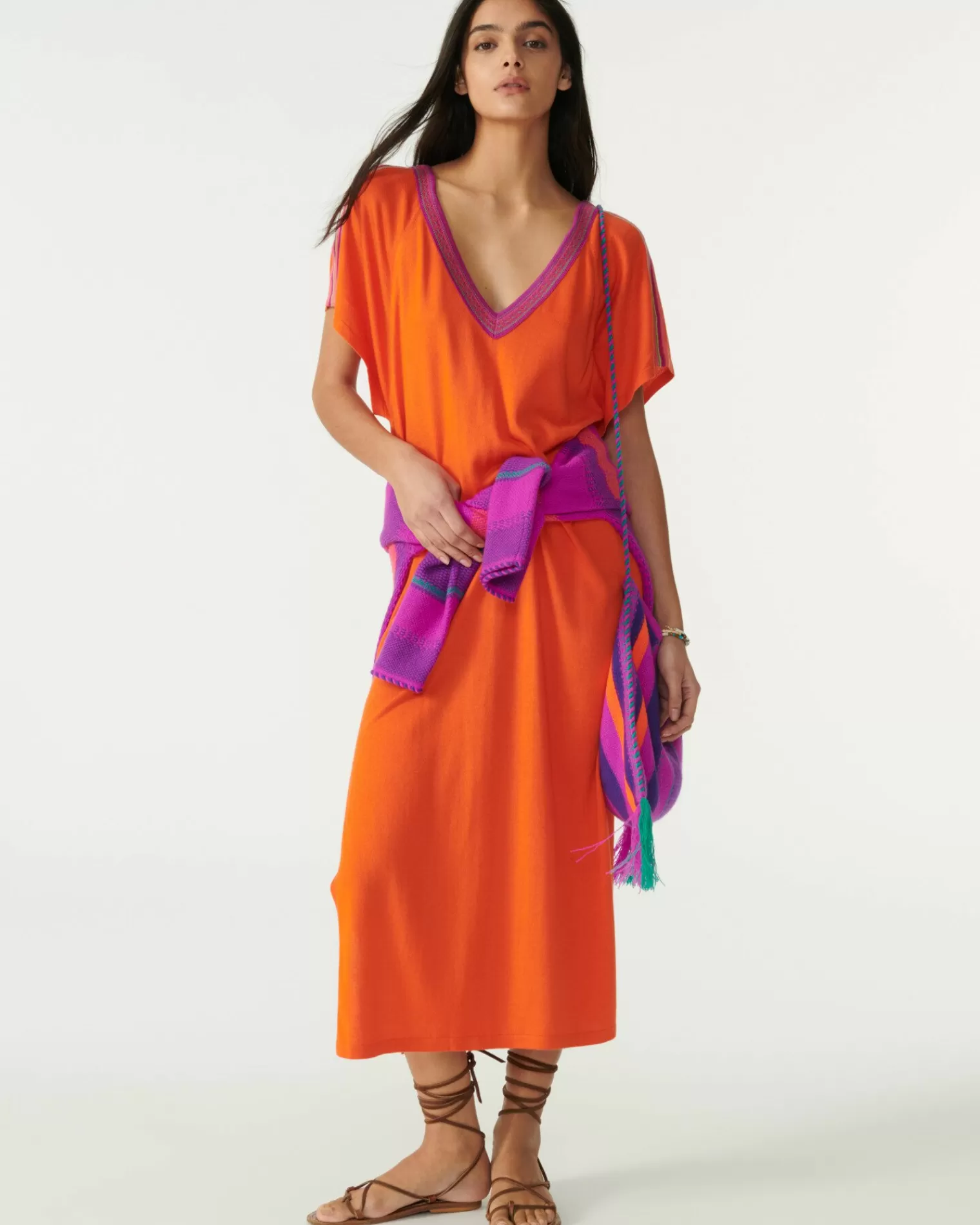 Kujten Dresses & Skirts>Silk-Cashmere V Collar Oversized Dress Orange India