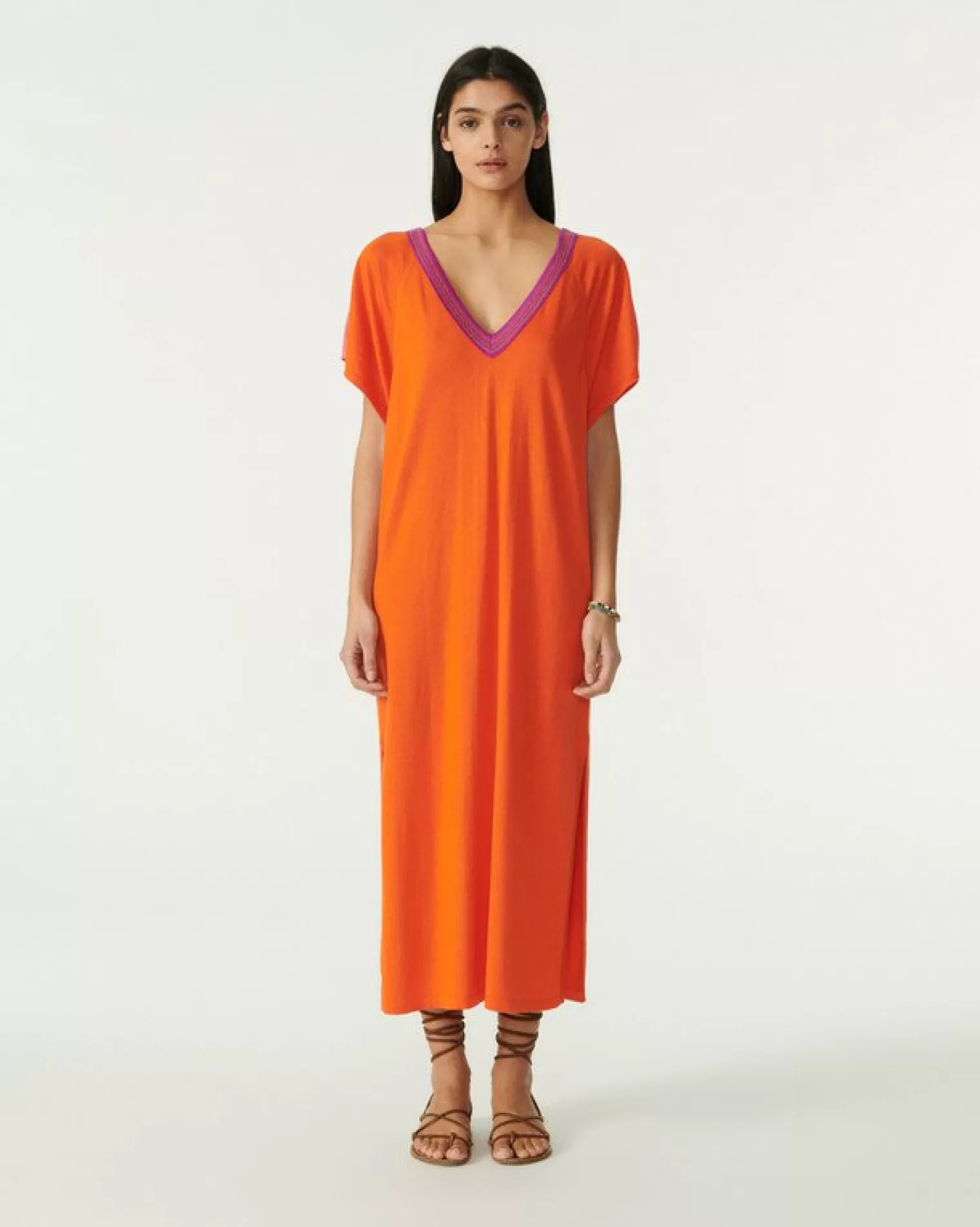 Kujten Dresses & Skirts>Silk-Cashmere V Collar Oversized Dress Orange India