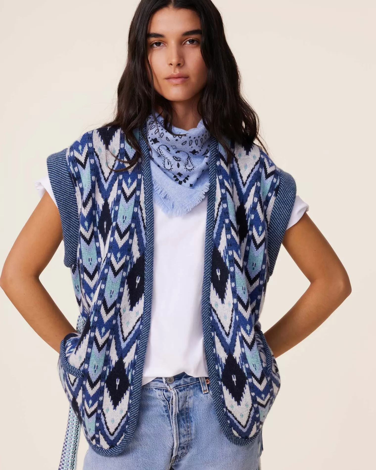 Kujten Jackets & Vests>Sleeveless Cashmere Kimono Jacket, 4-Threads Bleu Marine Fonce