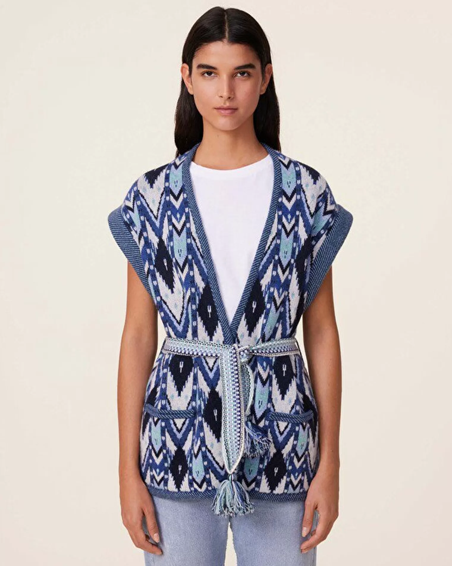 Kujten Jackets & Vests>Sleeveless Cashmere Kimono Jacket, 4-Threads Bleu Marine Fonce