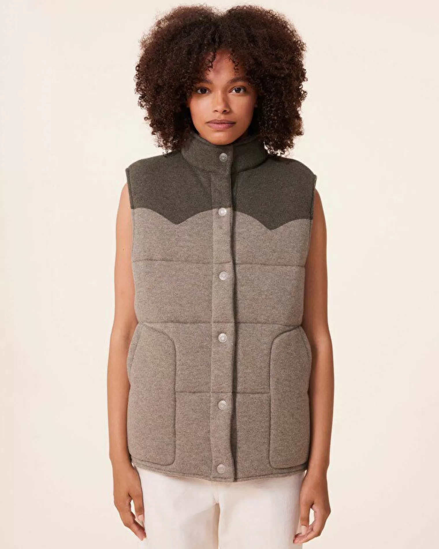 Kujten Coats>Sleeveless Cashmere Puffer Jacket, 2-Threads Kaki Chine