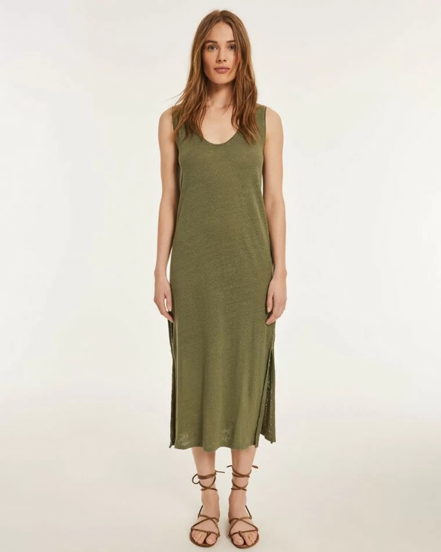 Kujten Dresses & Skirts>Sleeveless Linen Long Dress Kaki Clair