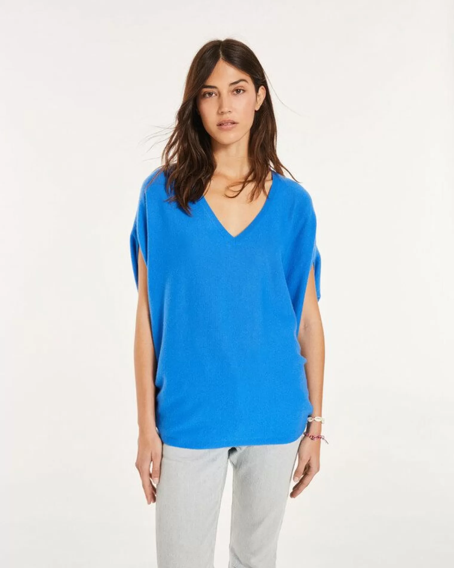 Kujten Sweaters & Sweatshirts>Sleeveless Oversized Woman V-Neck Cashmere Sweater Bleu Kabalos