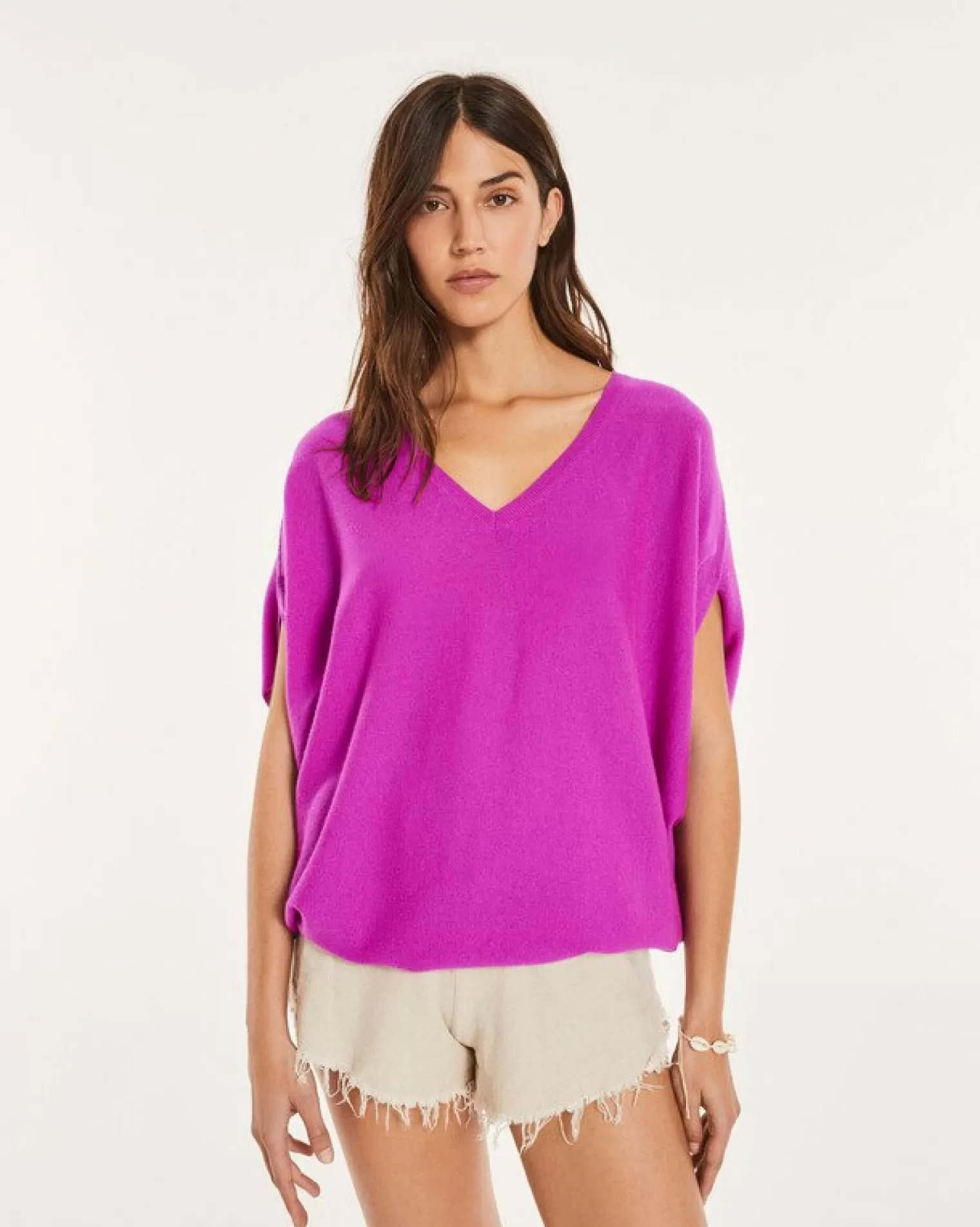 Kujten Sweaters & Sweatshirts>Sleeveless Oversized Woman V-Neck Cashmere Sweater Violet Fluo