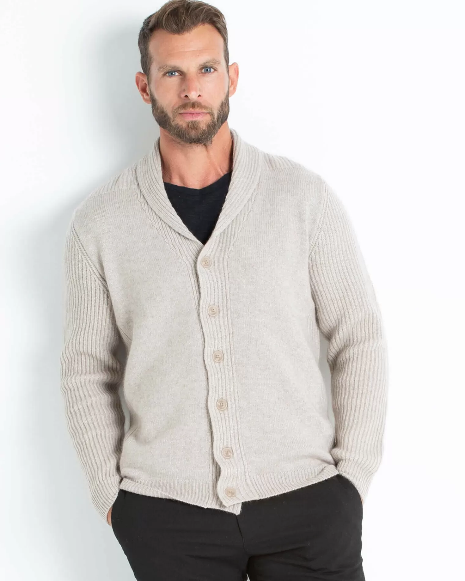 Kujten Jackets & Vests>Straight Shawl Collar Cashmere Cardigan Beige Sable