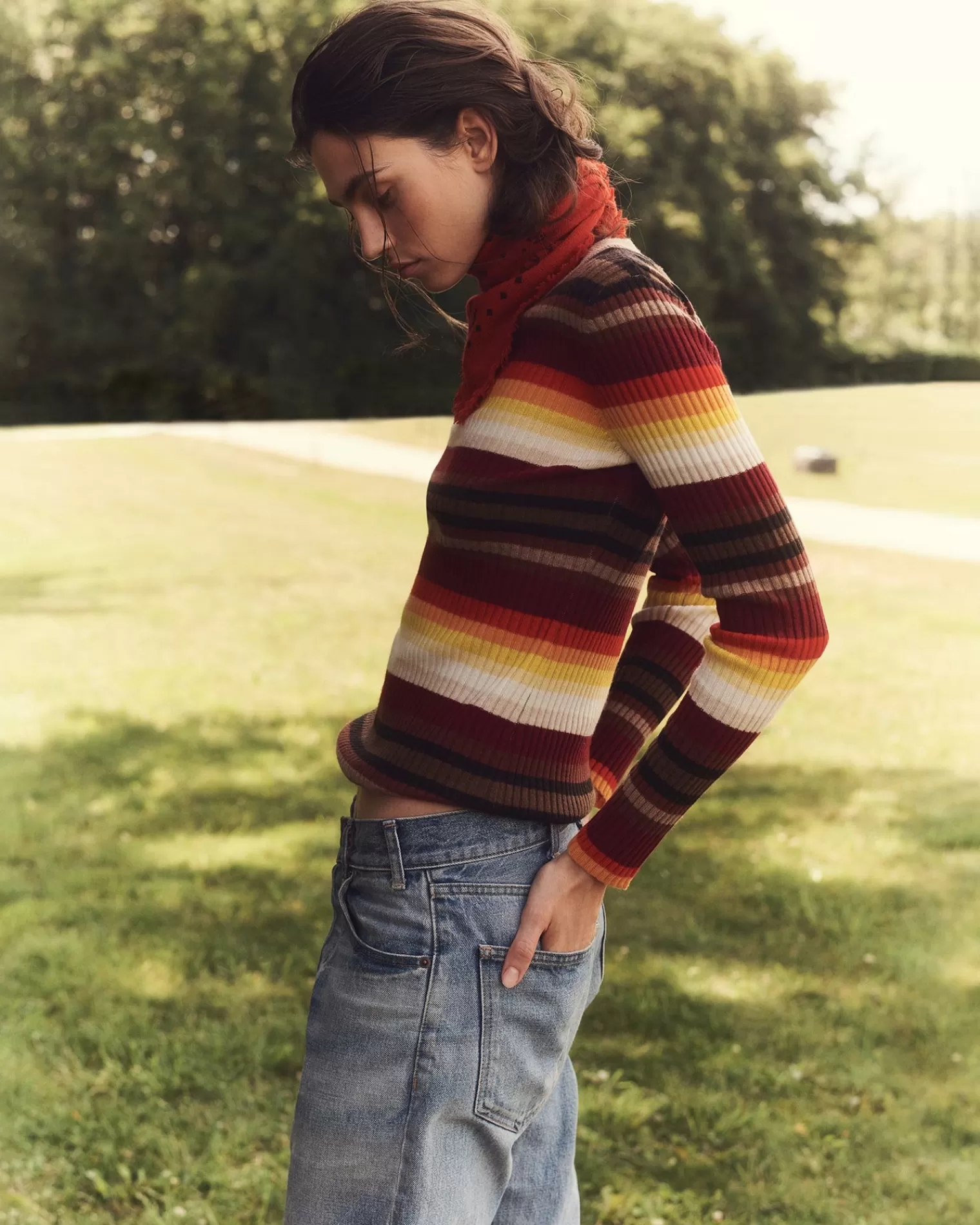 Kujten Sweaters & Sweatshirts>Striped Round Neck Cashmere Sweater, 2-Threads Camelo