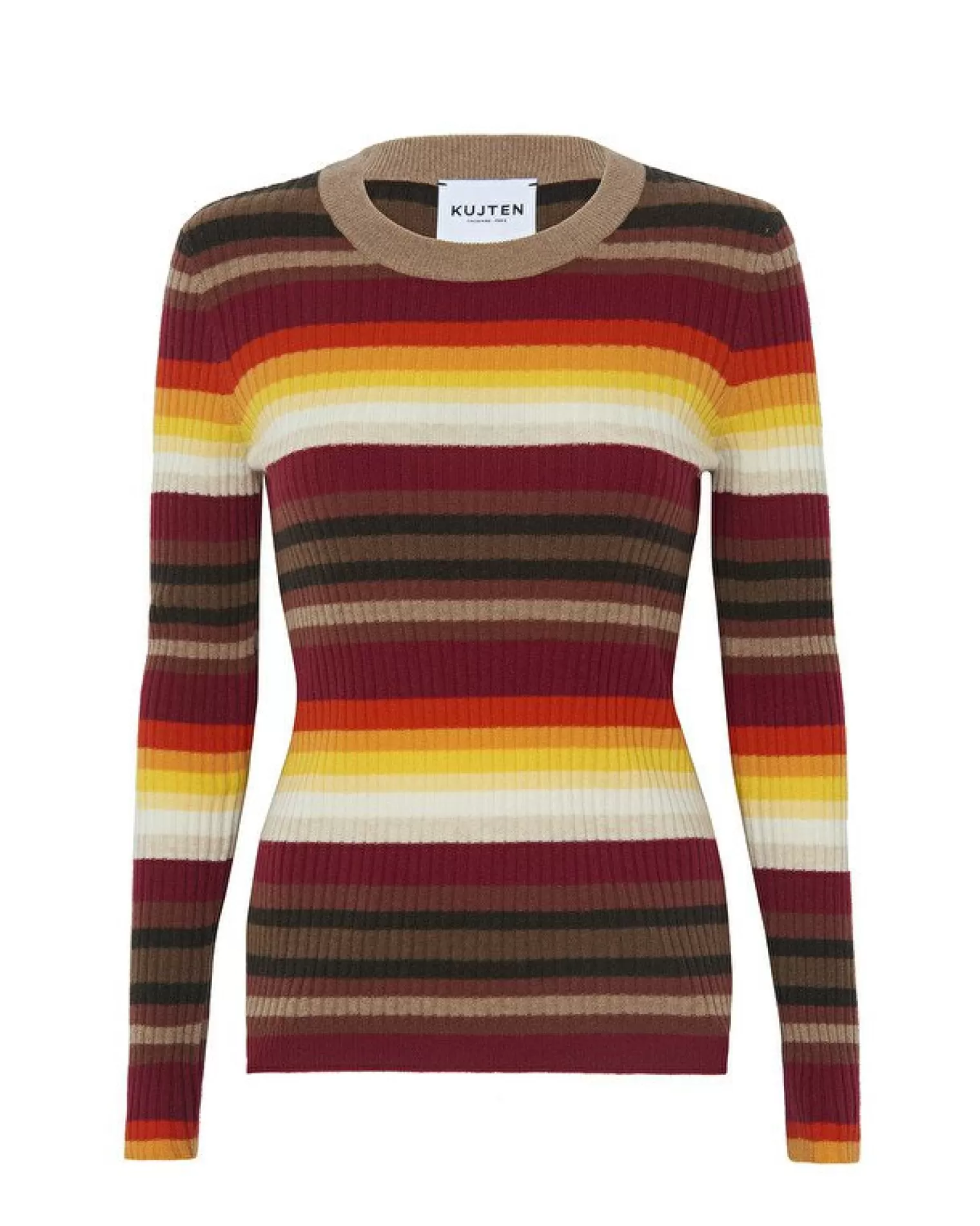 Kujten Sweaters & Sweatshirts>Striped Round Neck Cashmere Sweater, 2-Threads Camelo