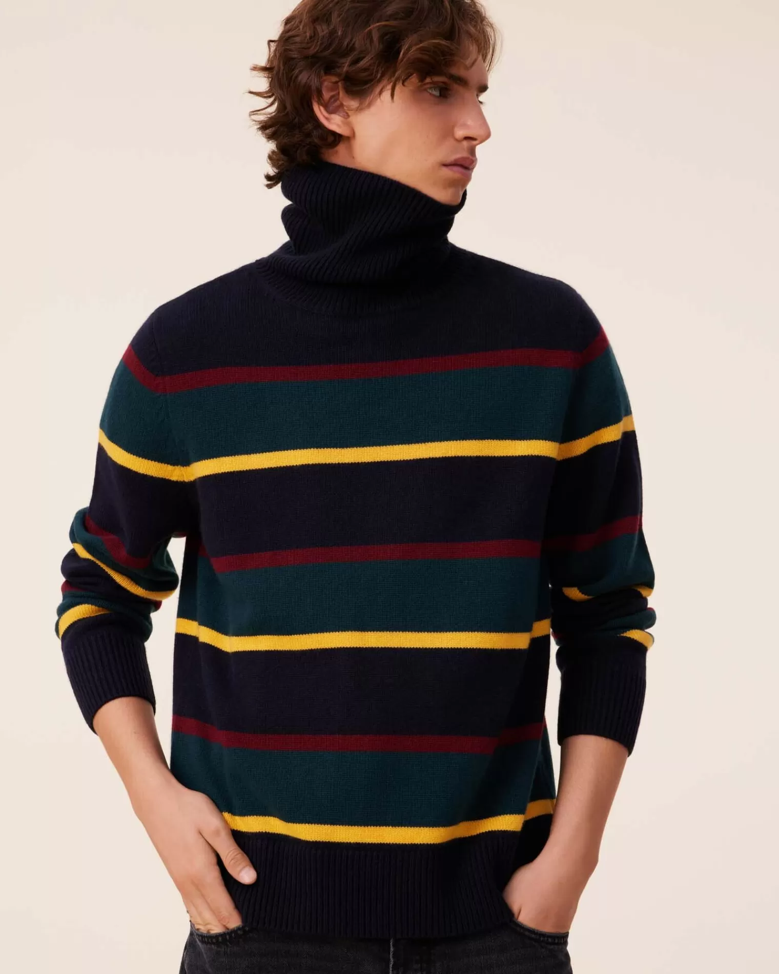 Kujten Sweaters & Sweatshirts>Striped Turtleneck Cashmere Sweater, 6-Threads Bleu Marine Fonce