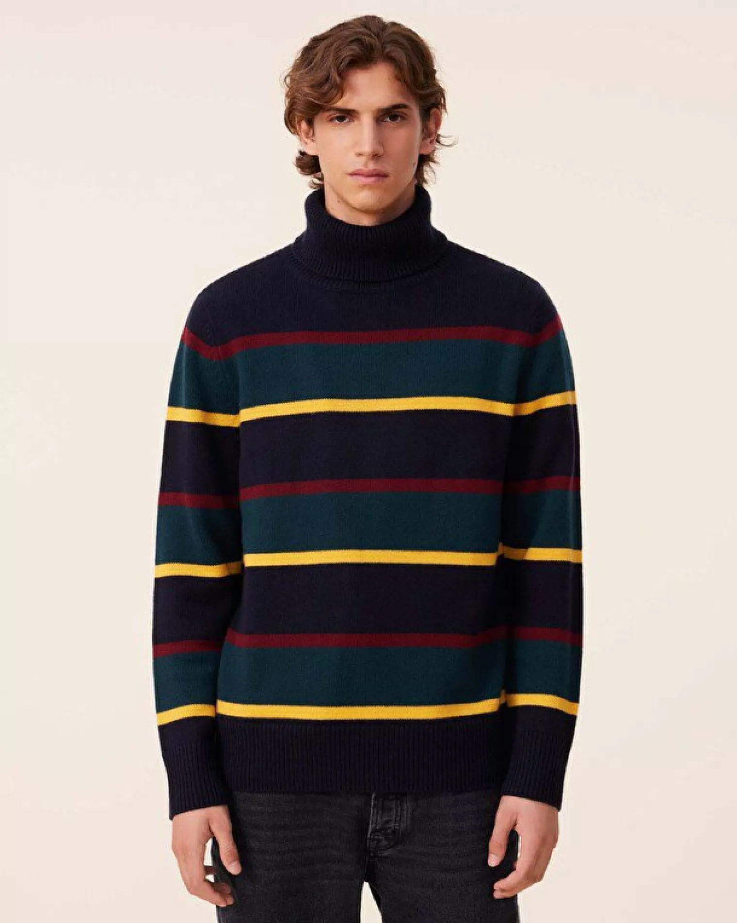 Kujten Sweaters & Sweatshirts>Striped Turtleneck Cashmere Sweater, 6-Threads Bleu Marine Fonce