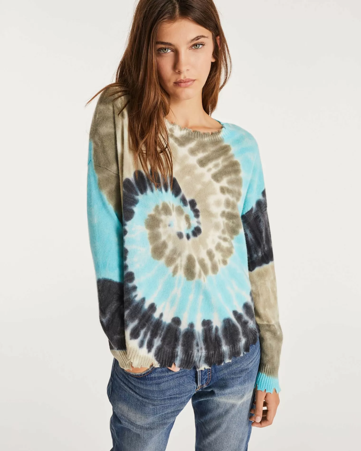 Kujten Sweaters & Sweatshirts>Tie & Dye Round Neck Cashmere Pullover Bleu Turquoise