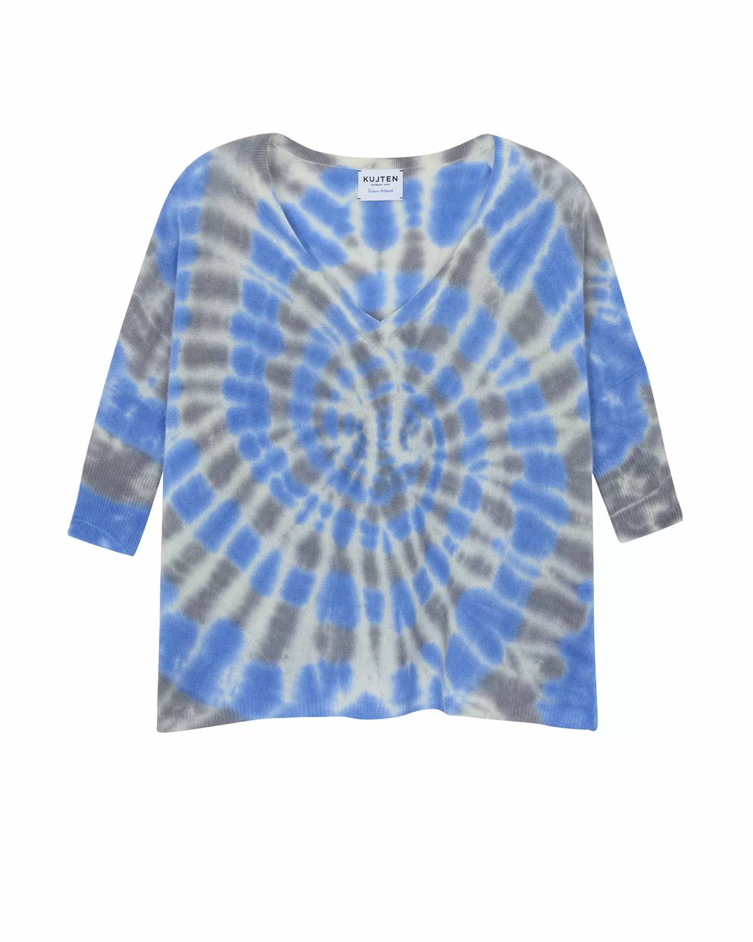 Kujten Sweaters & Sweatshirts>Tie Dye Oversize V-Neck Cashmere Sweater, 2-Threads Bleu Gris