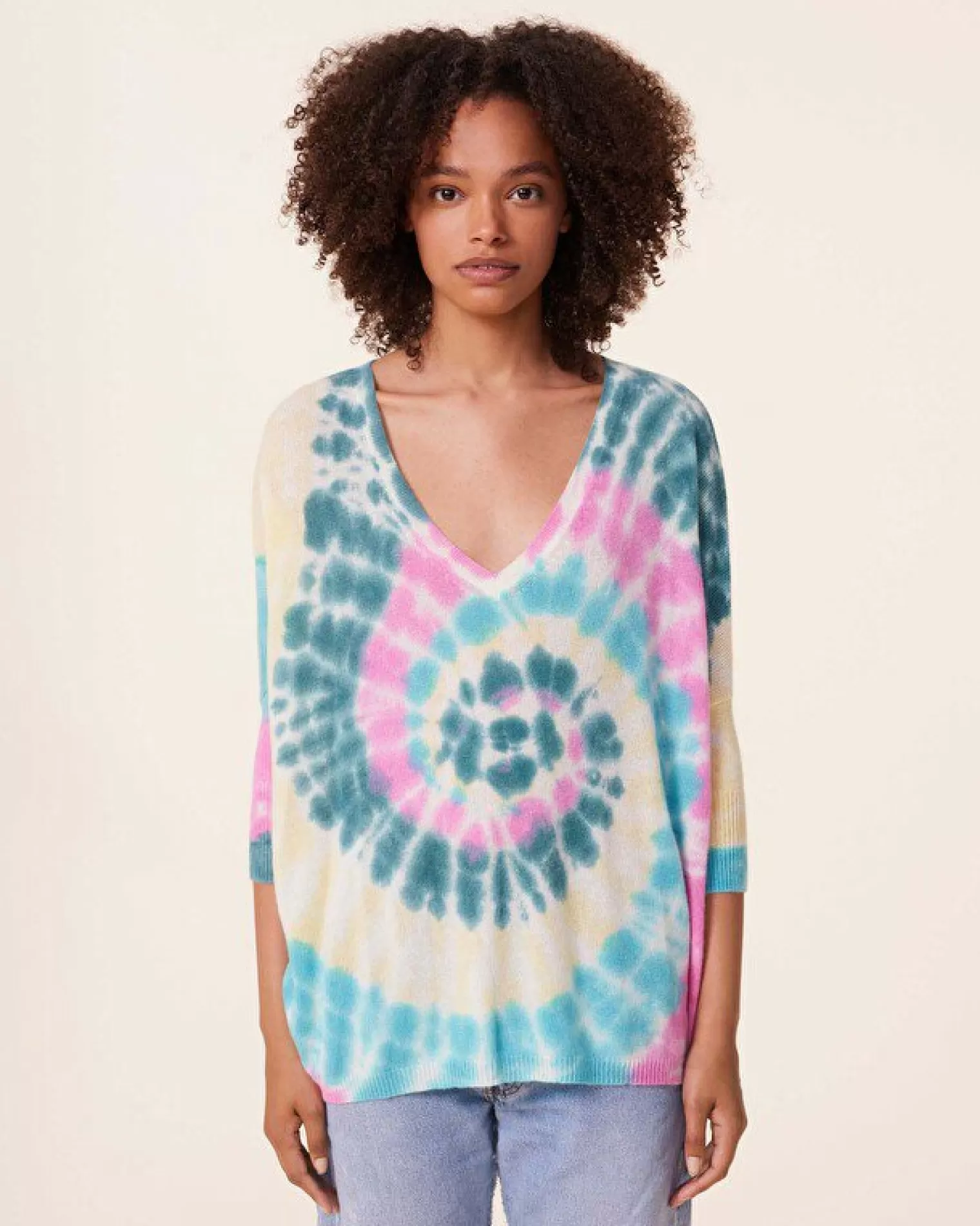 Kujten Sweaters & Sweatshirts>Tie Dye Oversize V-Neck Cashmere Sweater, 2-Threads Rose Vert