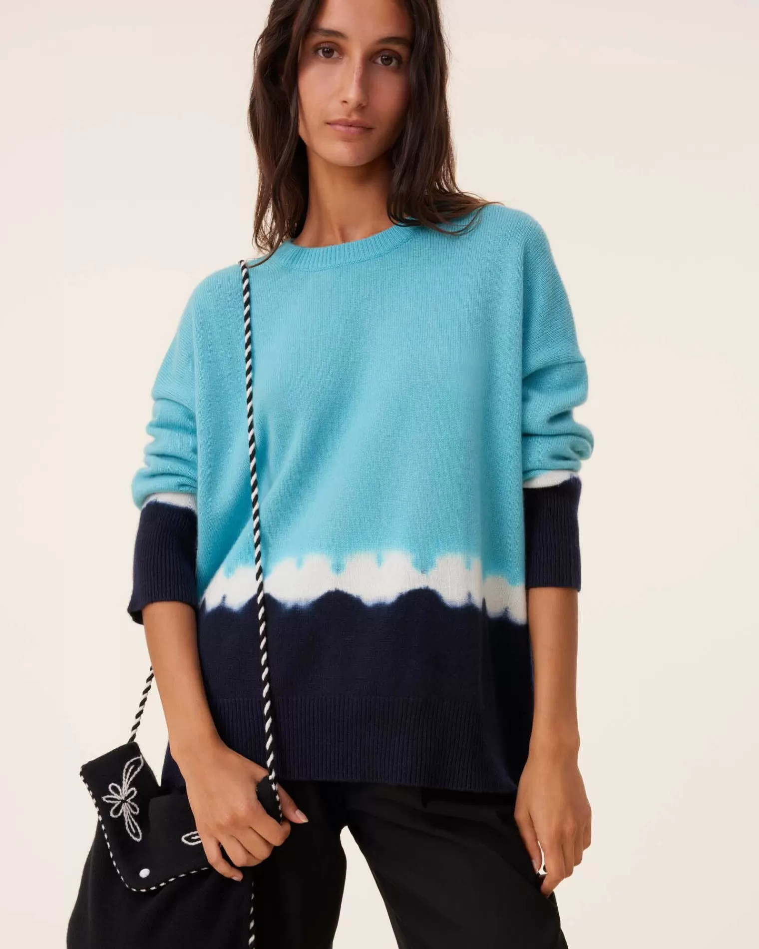 Kujten Sweaters & Sweatshirts>Tie Dye Oversized Cashmere Sweater, 4-Threads Turquoise Pacific