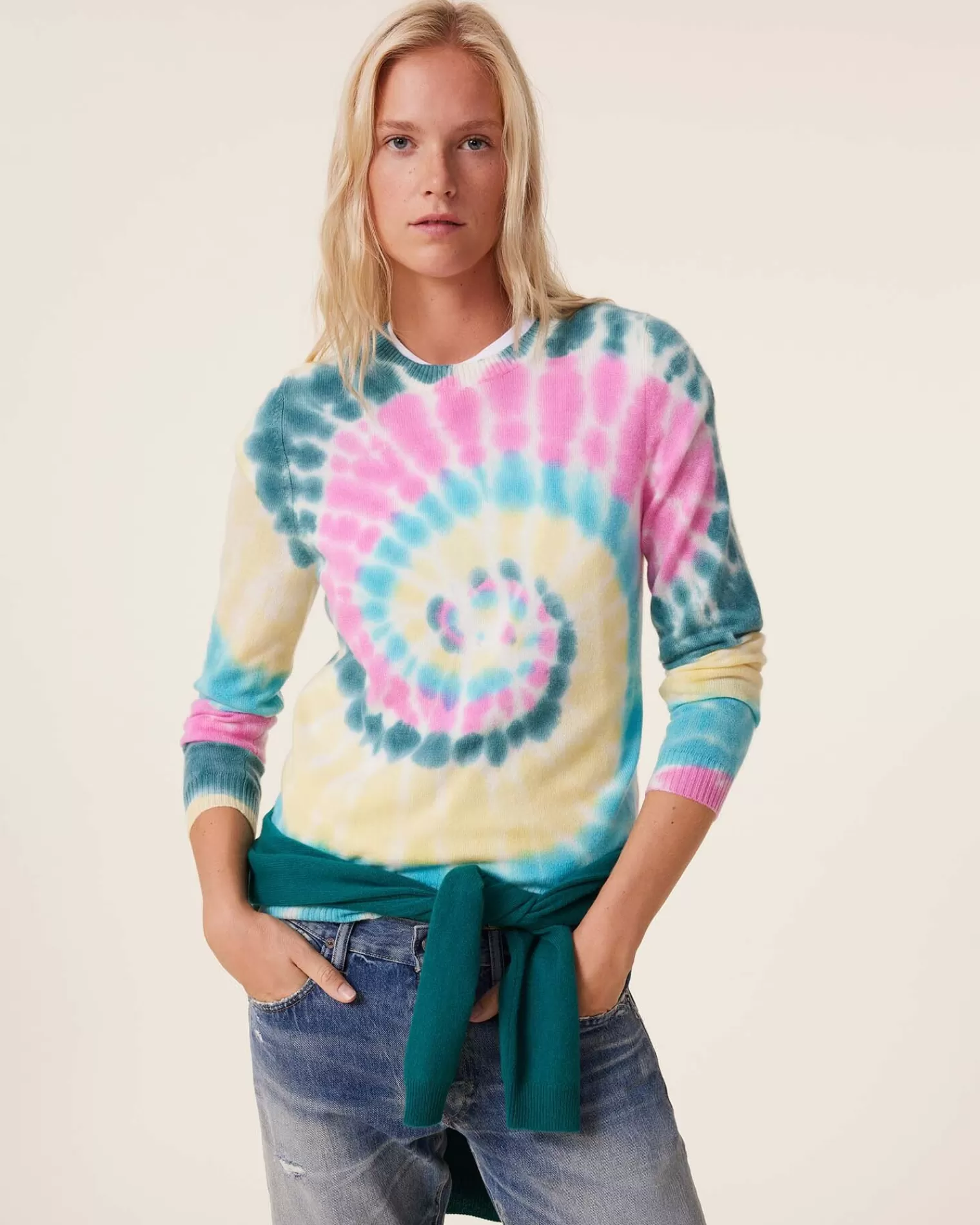 Kujten Sweaters & Sweatshirts>Tie Dye Round Neck Cashmere Sweater, 2-Threads Rose Vert