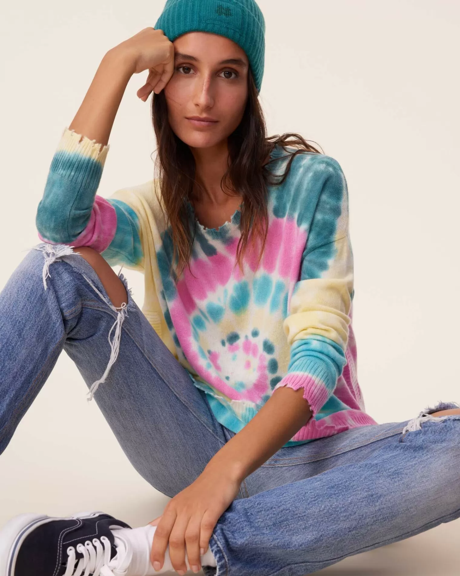 Kujten Sweaters & Sweatshirts>Tie Dye Round Neck Cashmere Sweater, 2-Threads Rose Vert