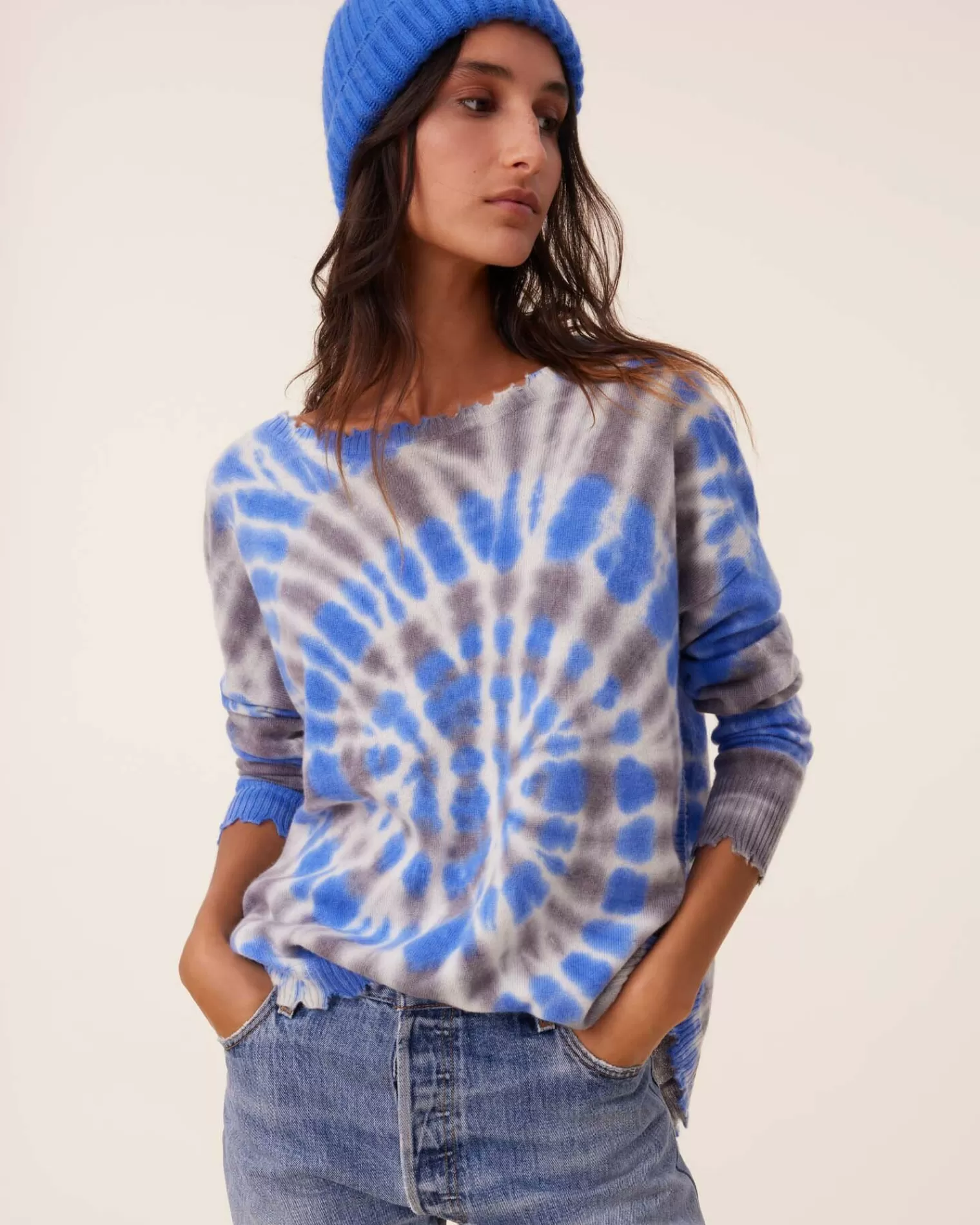 Kujten Sweaters & Sweatshirts>Tie Dye Round Neck Cashmere Sweater, 2-Threads Bleu Gris