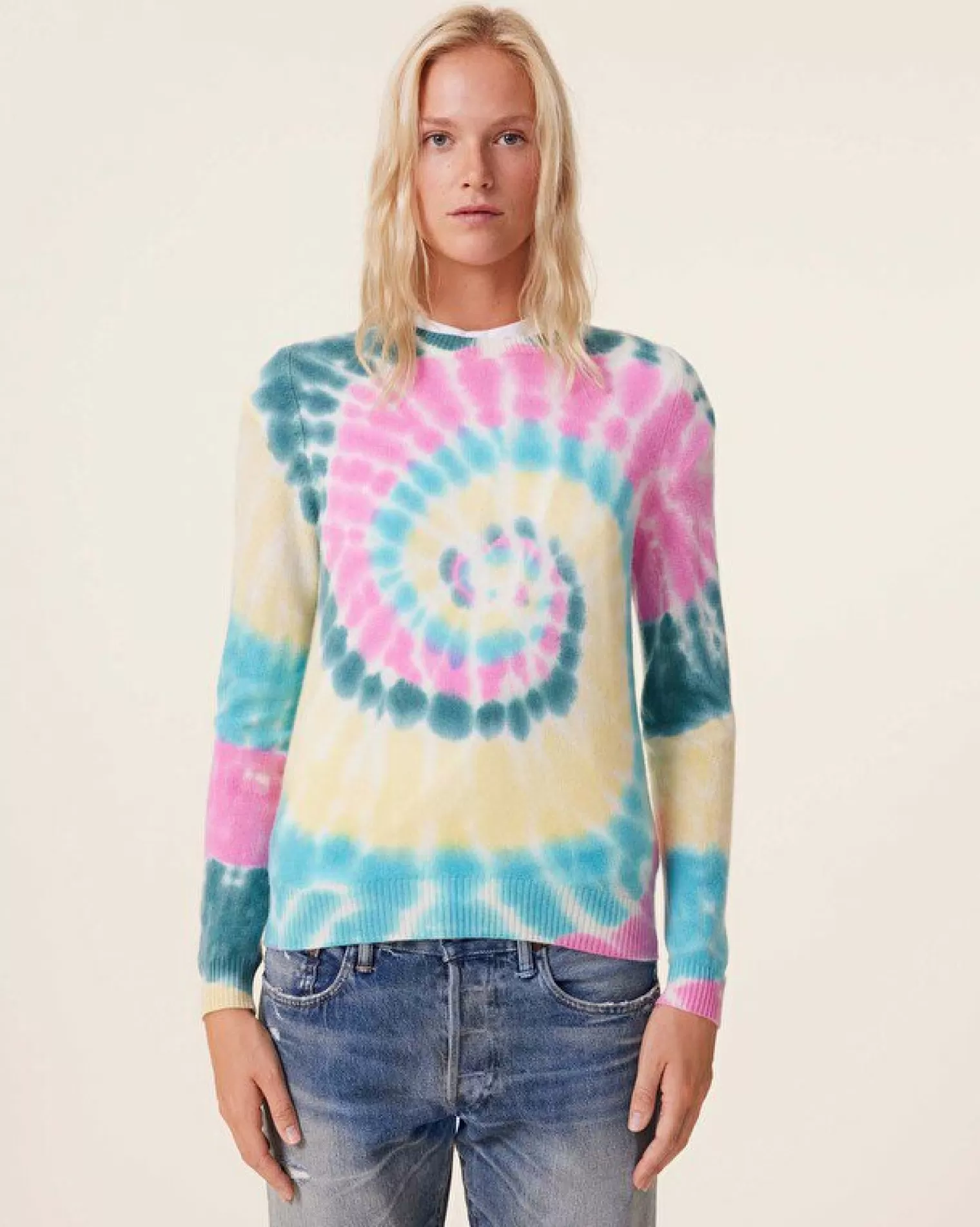 Kujten Sweaters & Sweatshirts>Tie Dye Round Neck Cashmere Sweater, 2-Threads Rose Vert