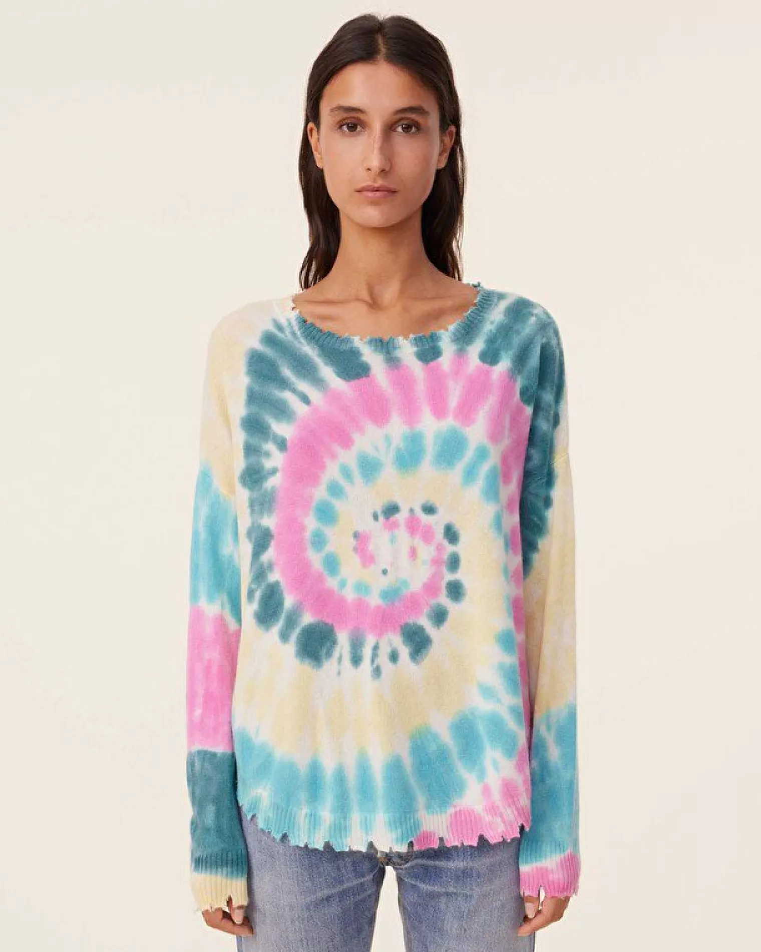 Kujten Sweaters & Sweatshirts>Tie Dye Round Neck Cashmere Sweater, 2-Threads Rose Vert