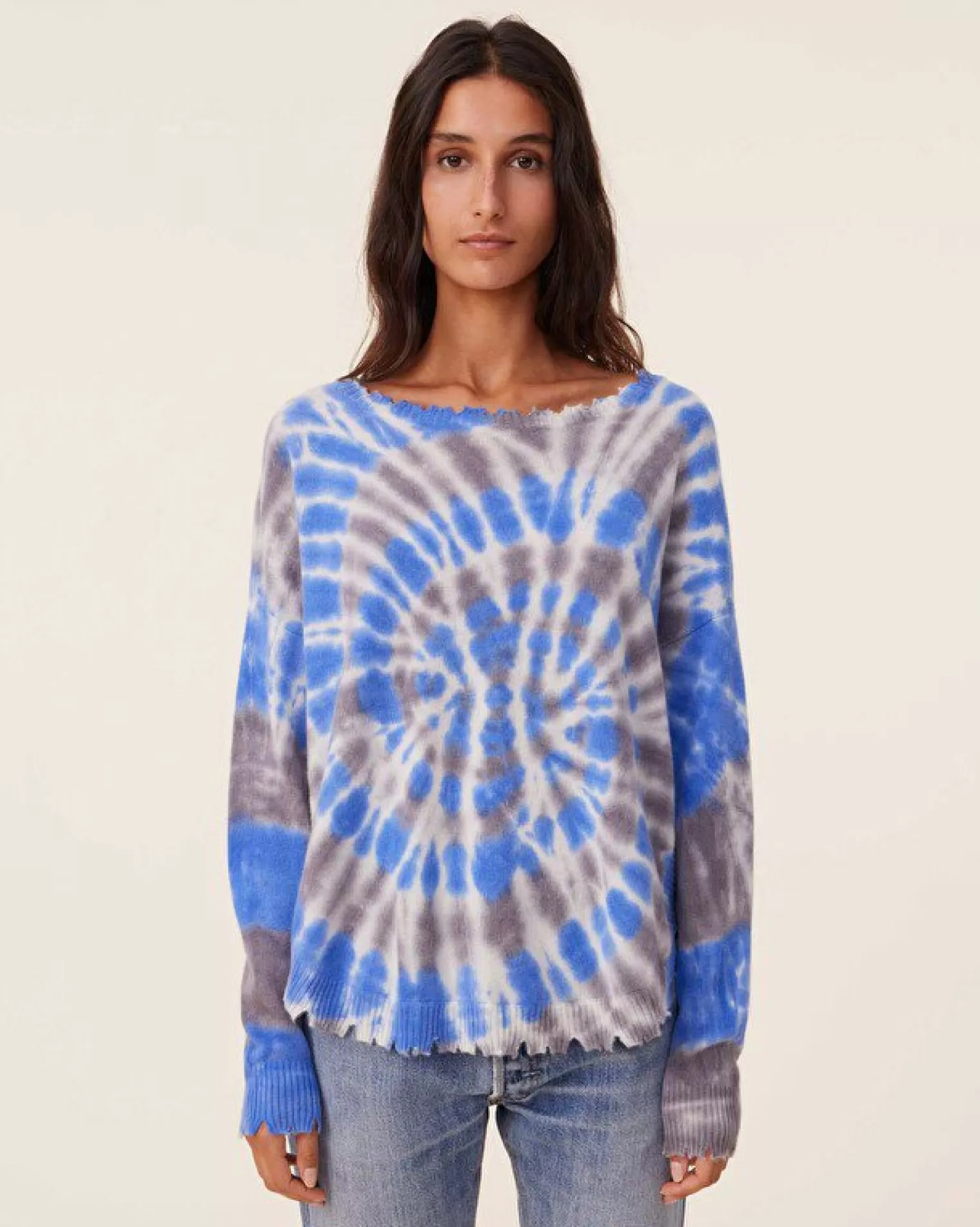 Kujten Sweaters & Sweatshirts>Tie Dye Round Neck Cashmere Sweater, 2-Threads Bleu Gris