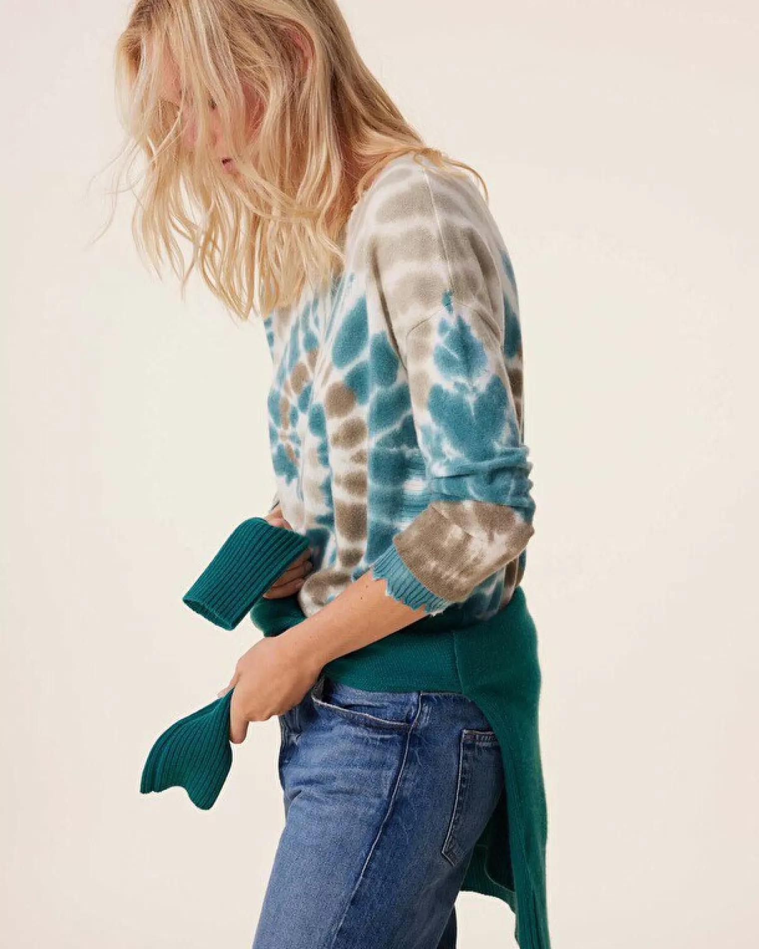 Kujten Sweaters & Sweatshirts>Tie Dye Round Neck Cashmere Sweater, 2-Threads Kaki Vert