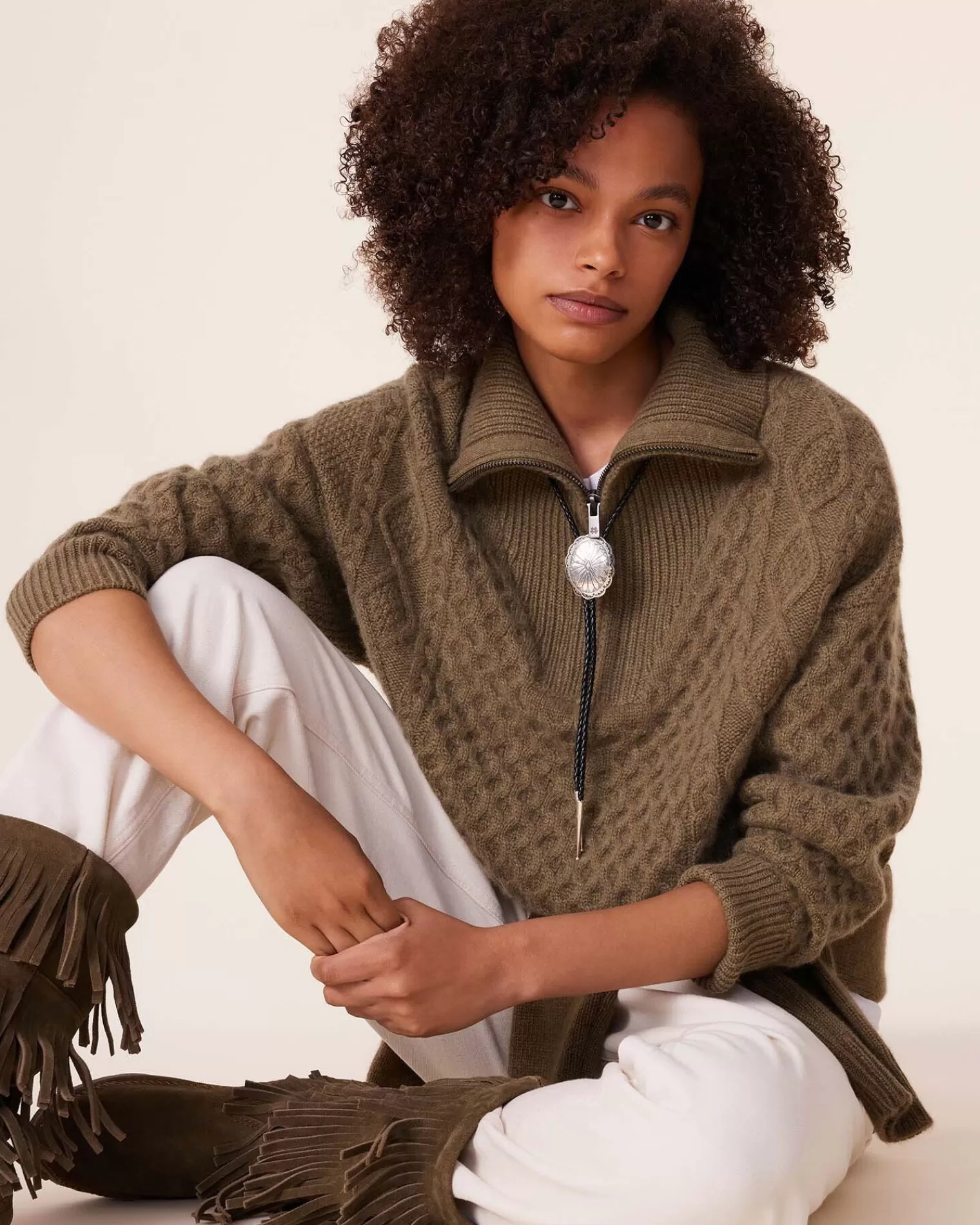 Kujten Sweaters & Sweatshirts>Twisted Cashmere Half Zip Neck Sweater, 6-Threads Kaki Scout