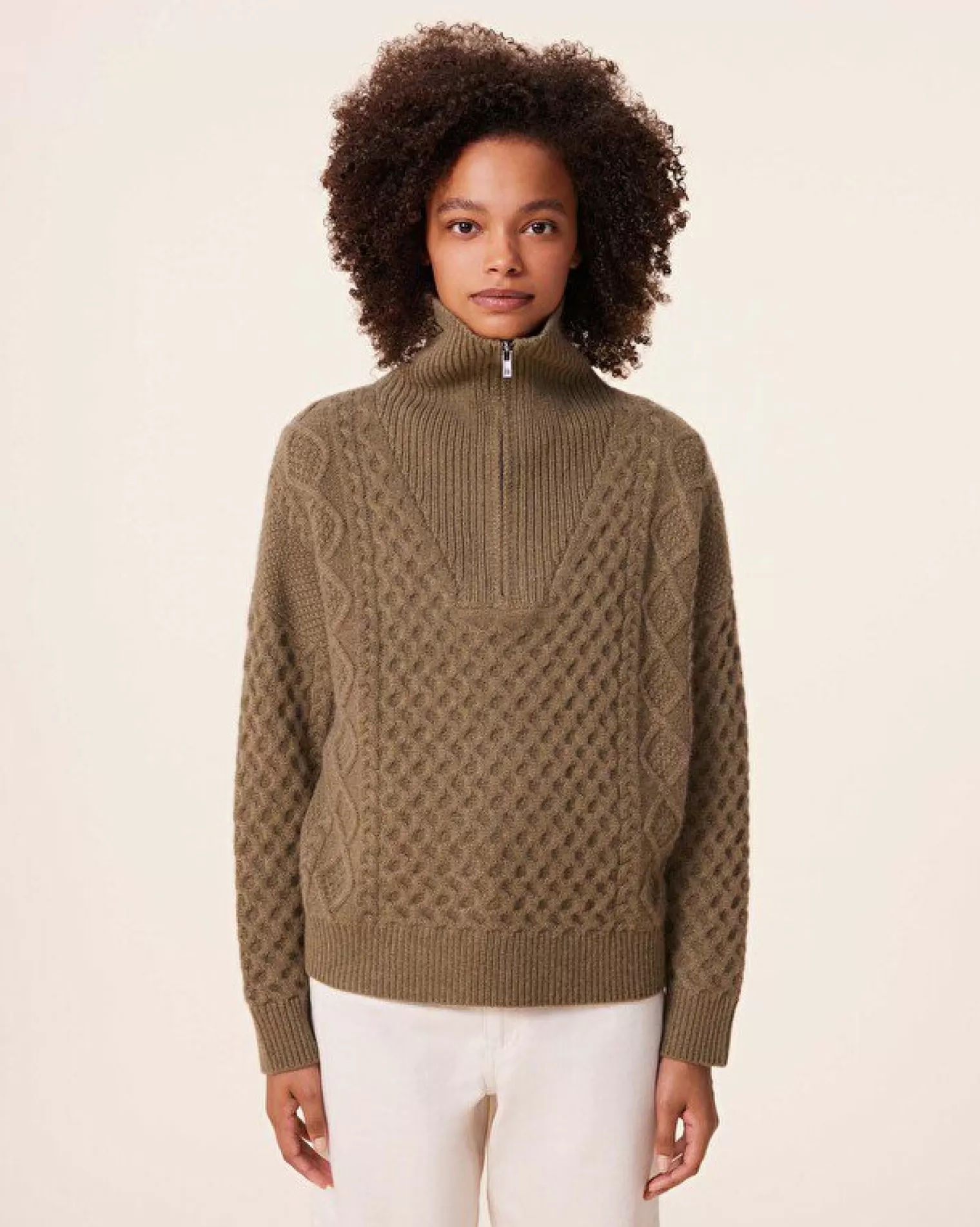 Kujten Sweaters & Sweatshirts>Twisted Cashmere Half Zip Neck Sweater, 6-Threads Kaki Scout