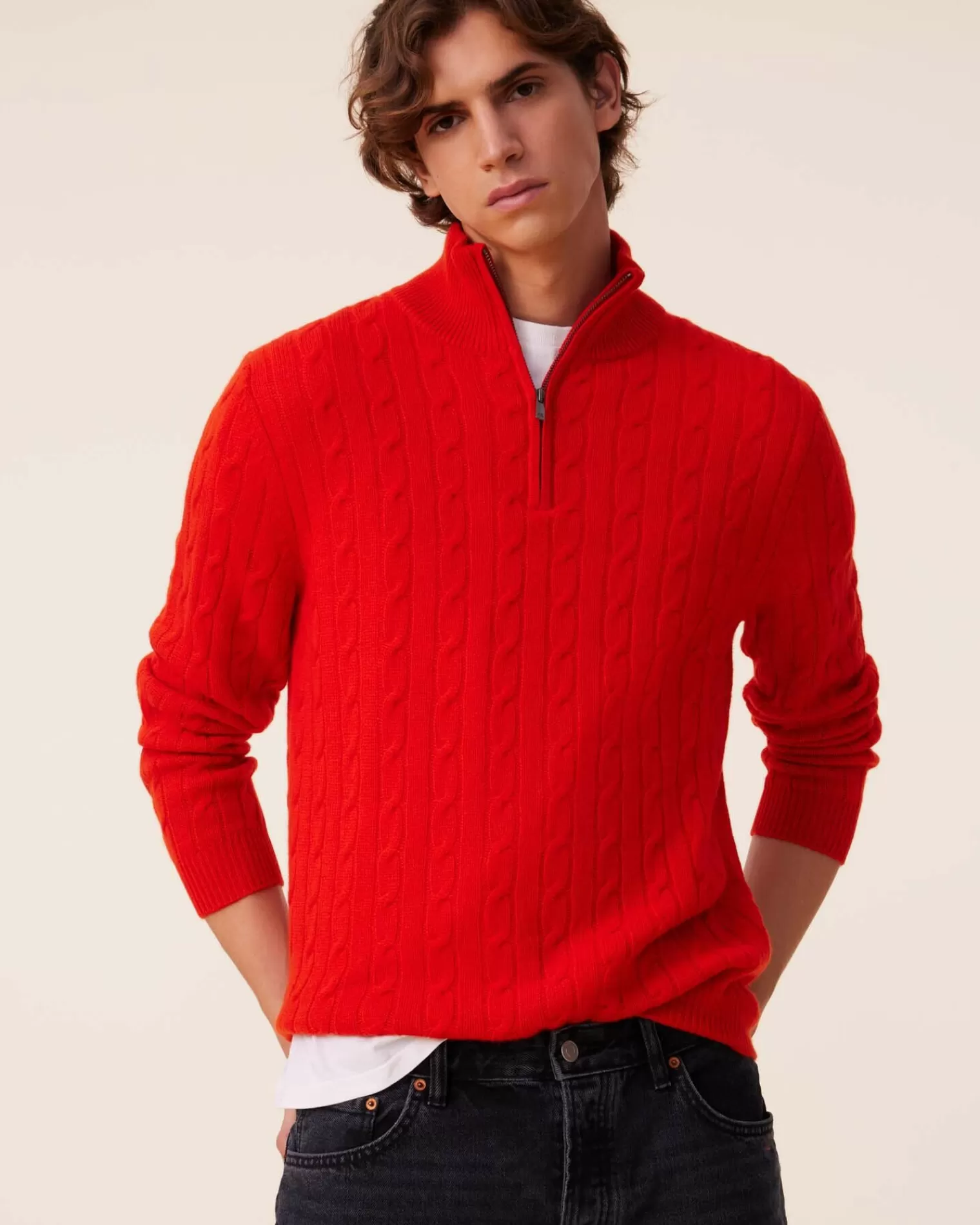 Kujten Sweaters & Sweatshirts>Twisted Cashmere Half Zip Sweater, 4-Threads Orange Rosso