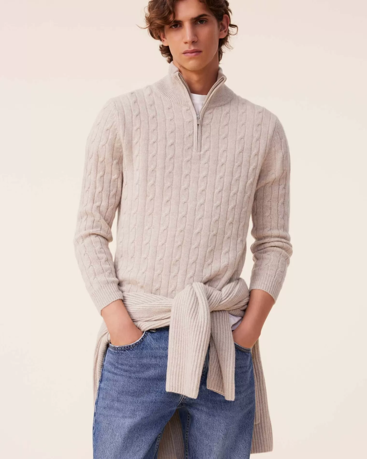 Kujten Sweaters & Sweatshirts>Twisted Cashmere Half Zip Sweater, 4-Threads Avoine