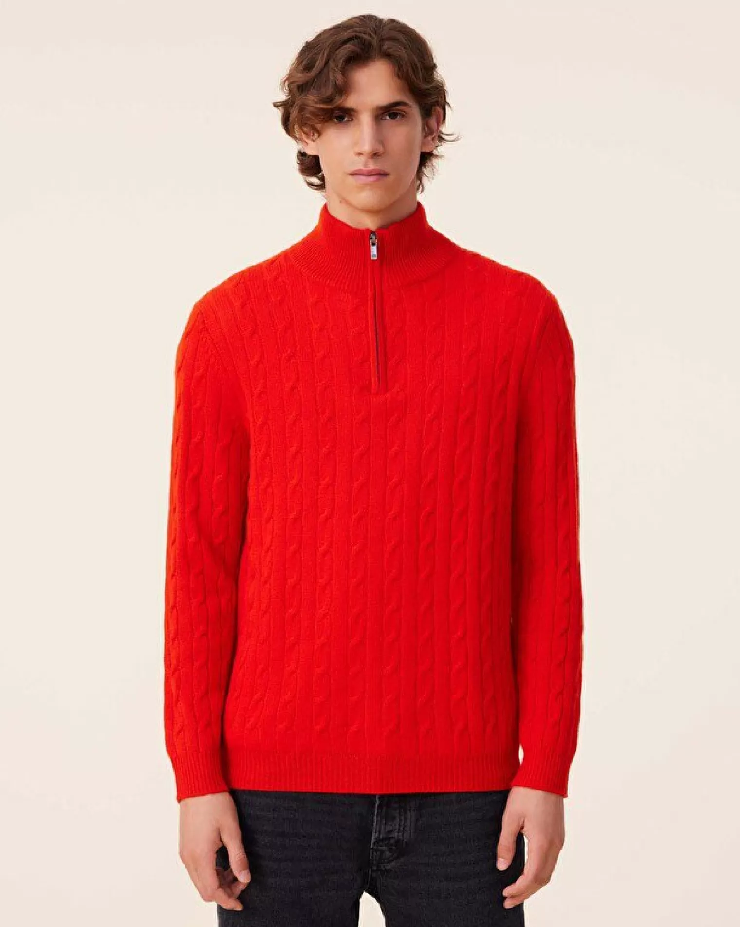 Kujten Sweaters & Sweatshirts>Twisted Cashmere Half Zip Sweater, 4-Threads Orange Rosso