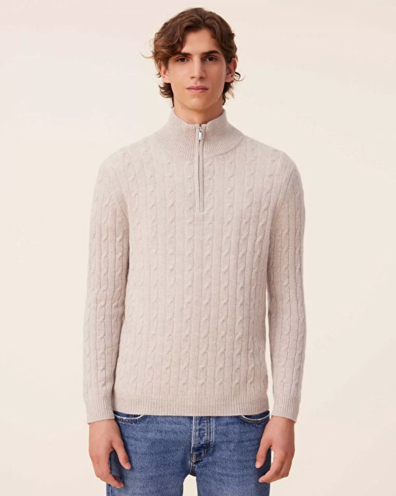 Kujten Sweaters & Sweatshirts>Twisted Cashmere Half Zip Sweater, 4-Threads Avoine