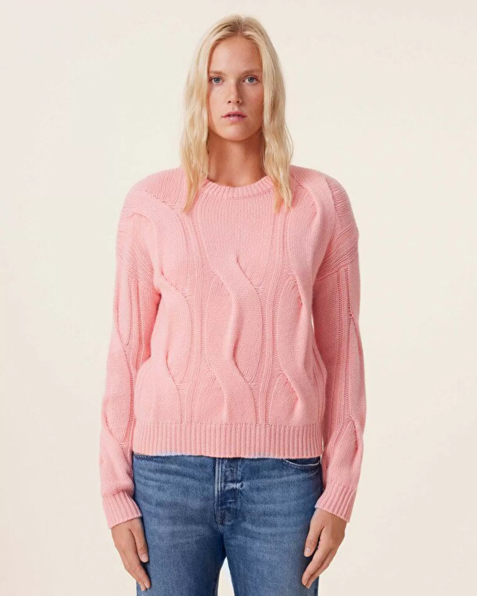 Kujten Sweaters & Sweatshirts>Twisted Round Neck Cashmere Sweater, 8-Threads Rose Guimauve