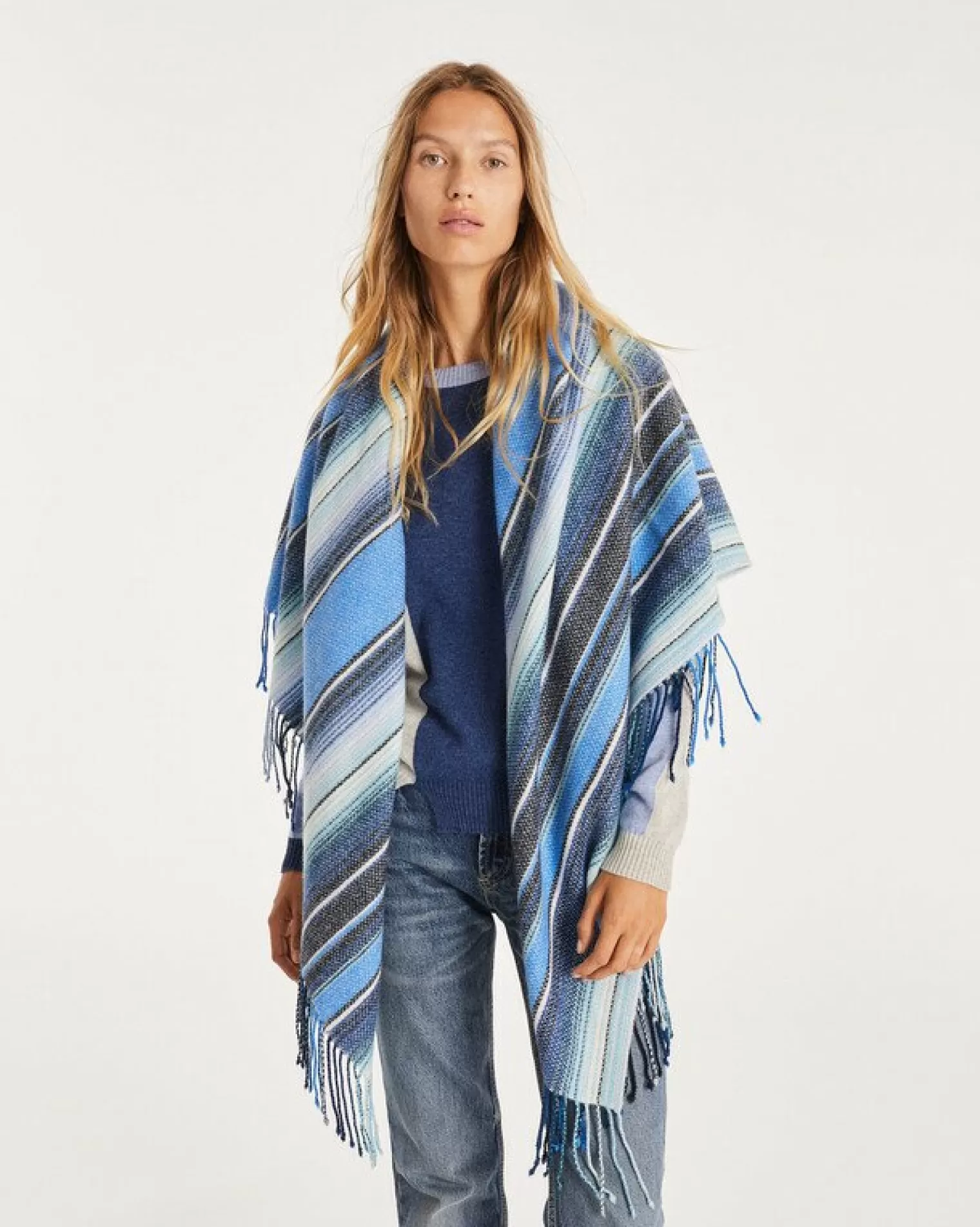 Kujten Scarves & Snoods>Very Large Fringed Bandana Bleu Jeans