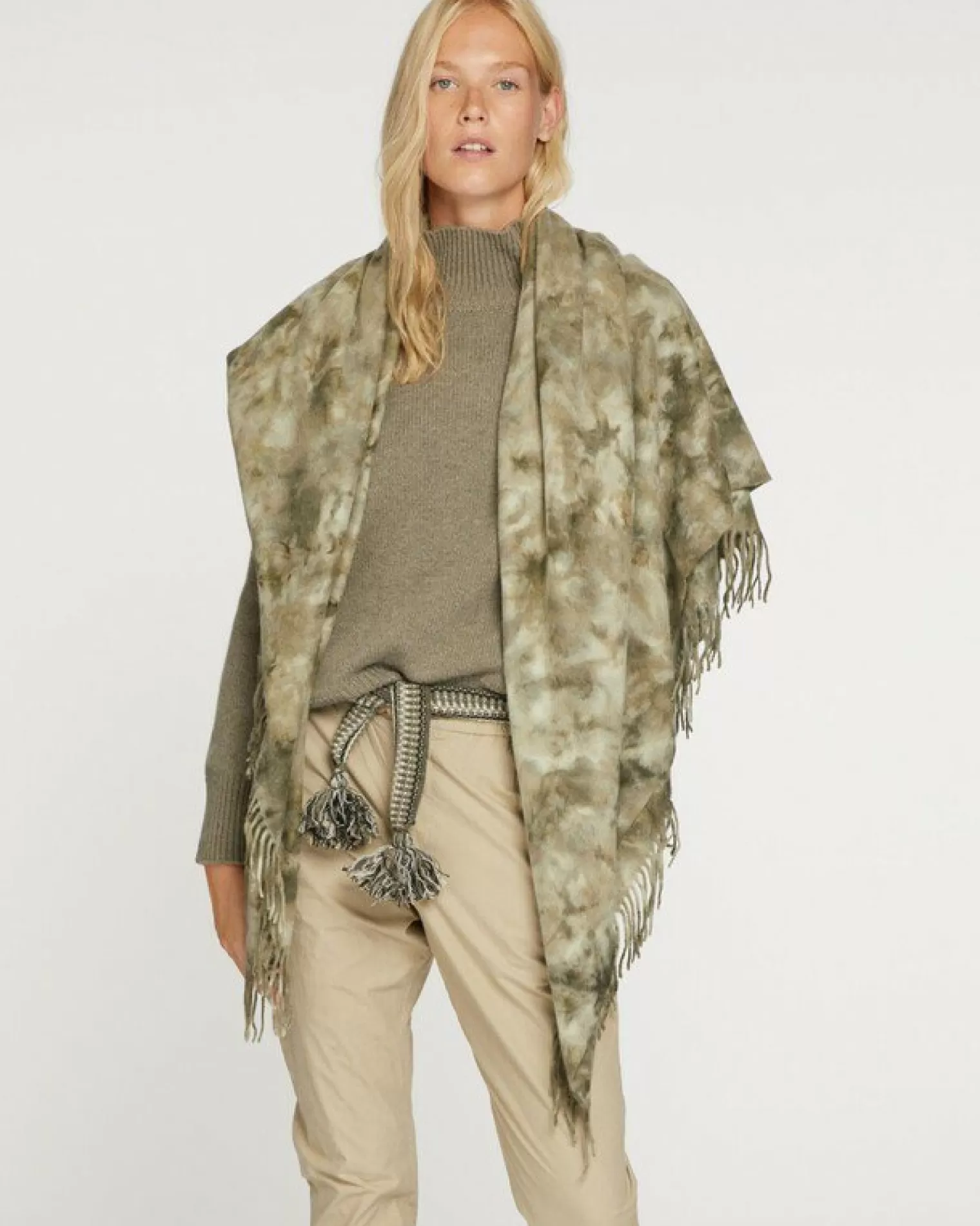 Kujten Scarves & Snoods>Very Large Fringed Bandana Kaki Fonce