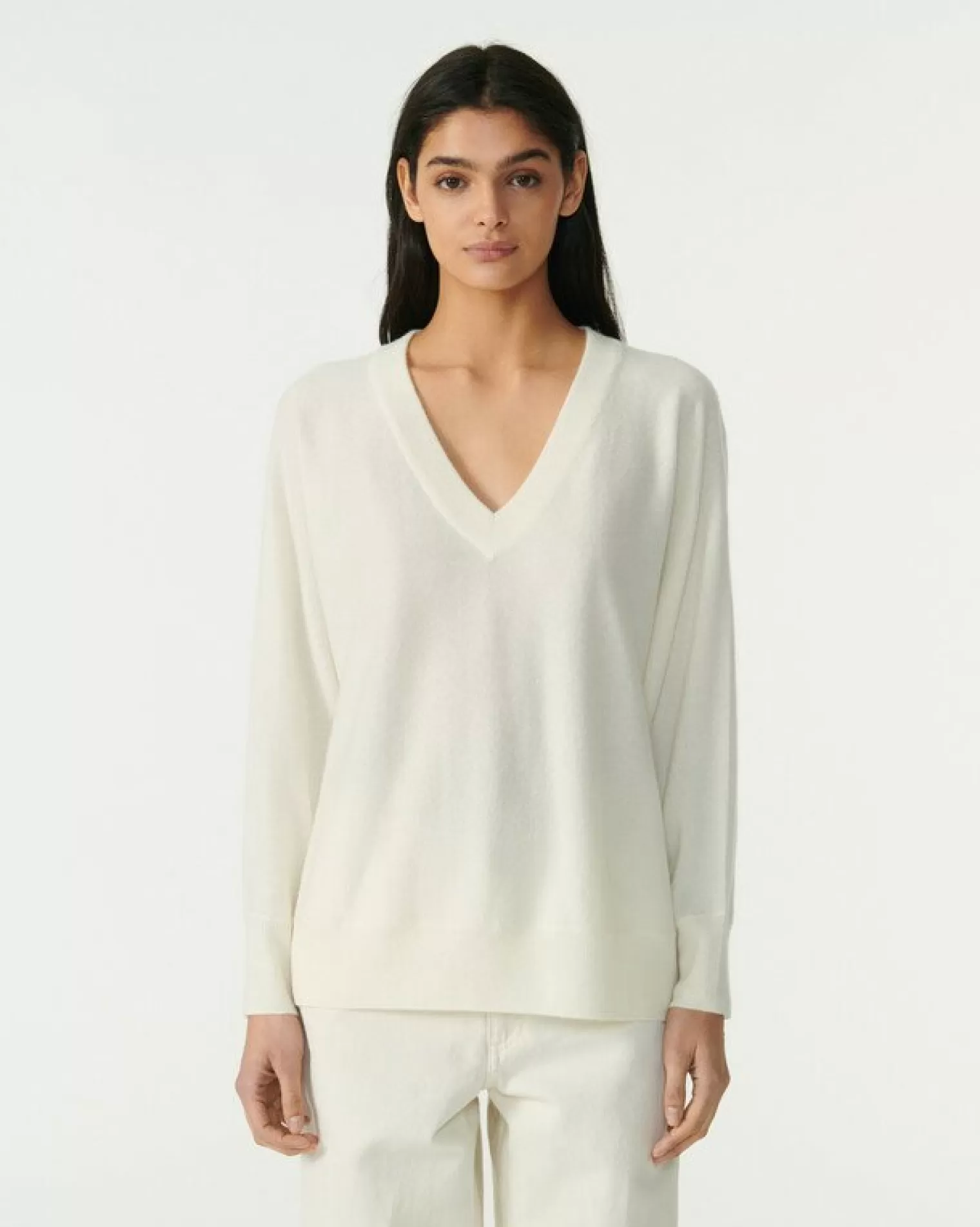 Kujten Sweaters & Sweatshirts>V-Neck Cashmere Sweater, 2-Threads Blanc