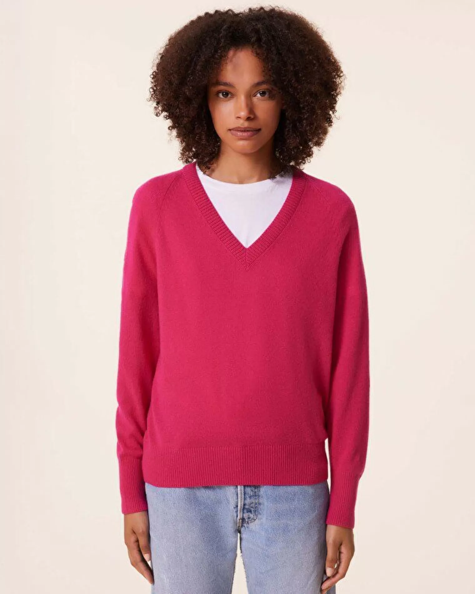 Kujten Sweaters & Sweatshirts>V-Neck Cashmere Sweater, 2-Threads Rose Neon