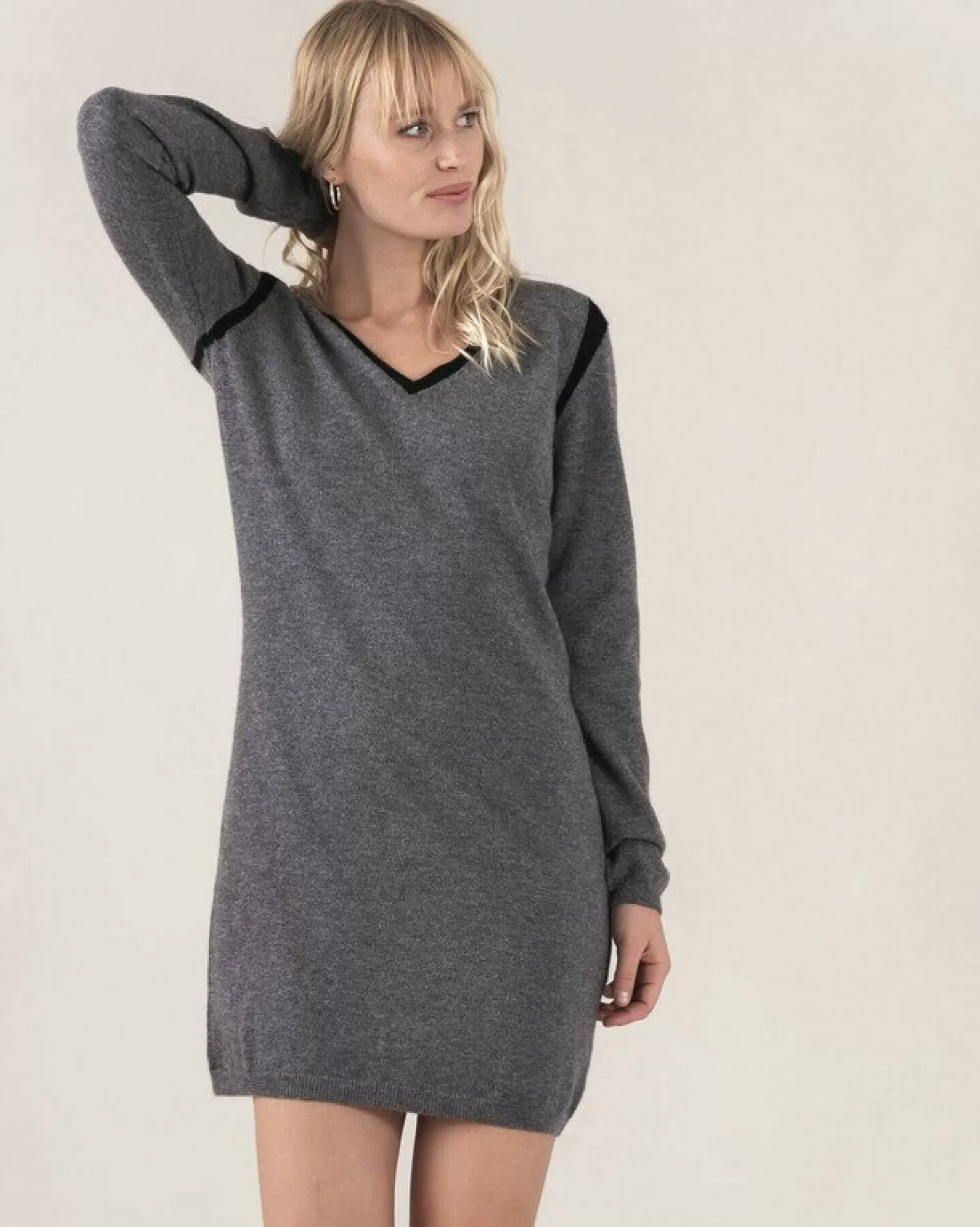 Kujten Dresses & Skirts>V-Neck Long Sleeves Cashmere Dress Gris Flanelle