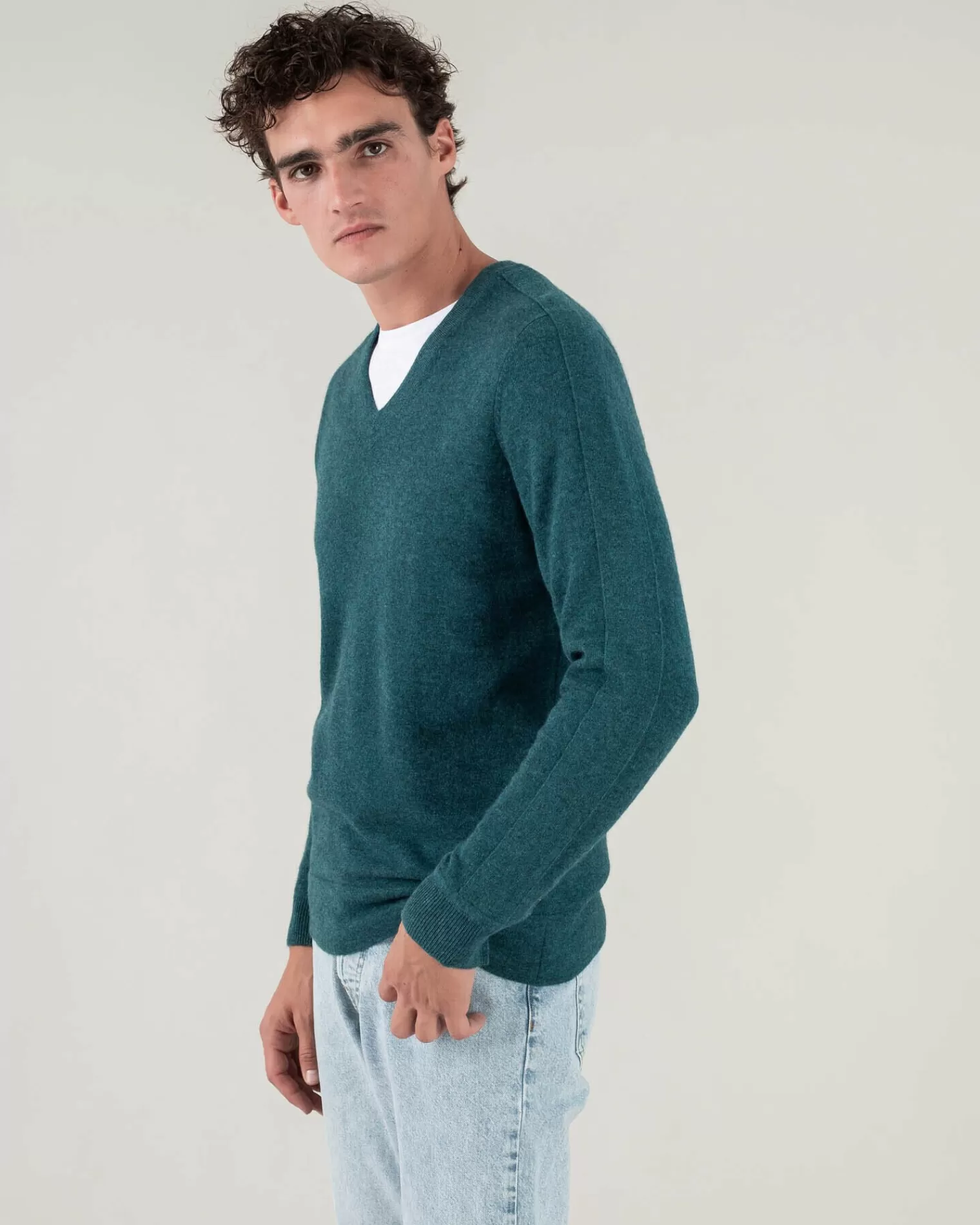 Kujten Sweaters & Sweatshirts>V-Neck Long Sleeves Cashmere Sweater Vert Petrole