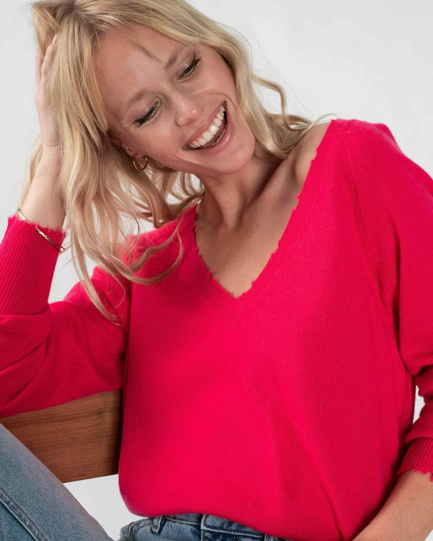 Kujten Sweaters & Sweatshirts>V-Neck Long Sleeves Cashmere Sweater Rose Fushia