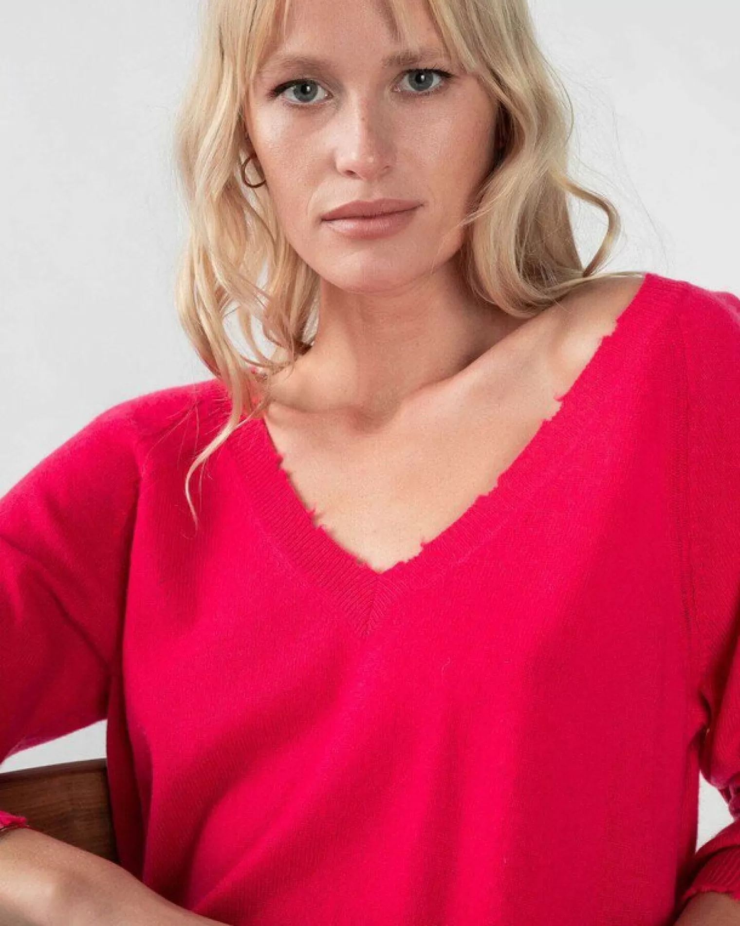 Kujten Sweaters & Sweatshirts>V-Neck Long Sleeves Cashmere Sweater Rose Fushia