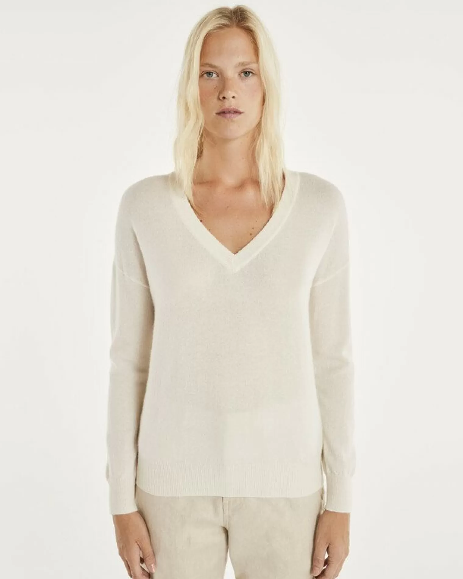 Kujten Sweaters & Sweatshirts>V-Neck Long Sleeves Cashmere Sweater Blanc