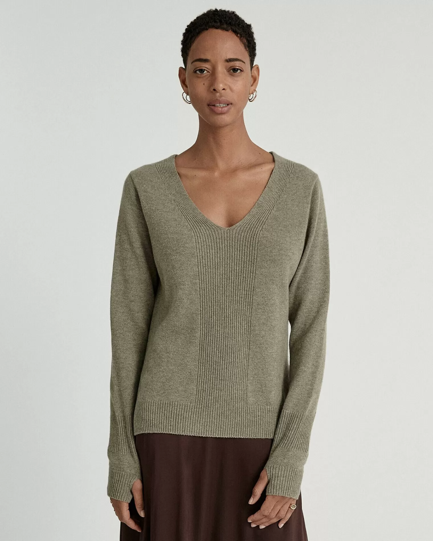 Kujten Sweaters & Sweatshirts>V-Neck Mittens Sleeves Cashmere Sweater Kaki Chine